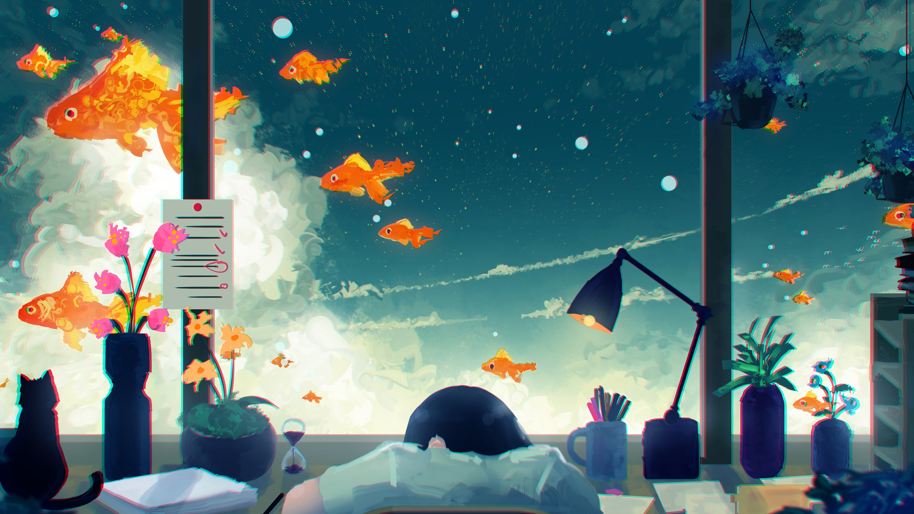 anime, original, cat, cloud, goldfish, lamp, sky, window