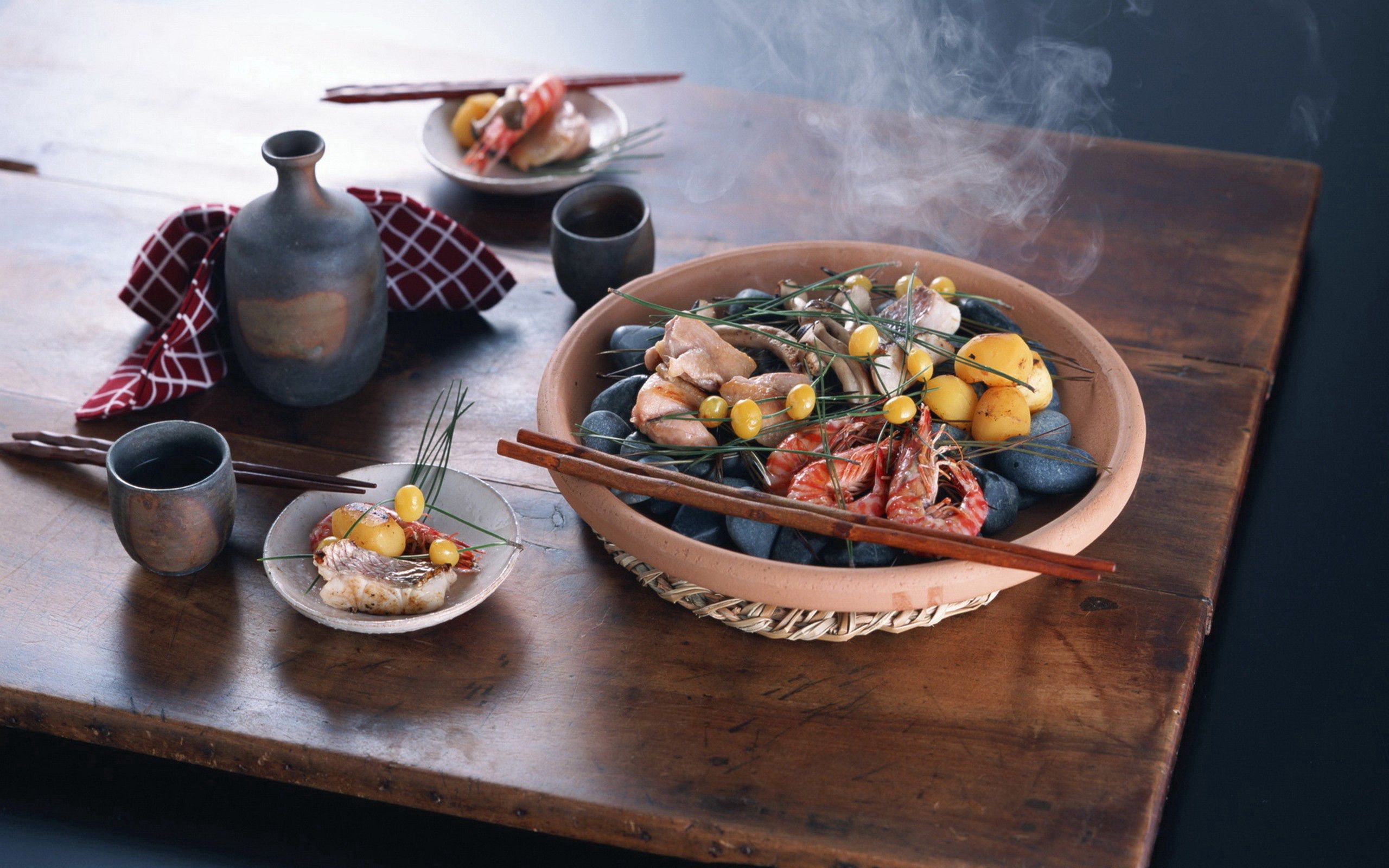 tablewares, food, vegetables, shrimp, seafood