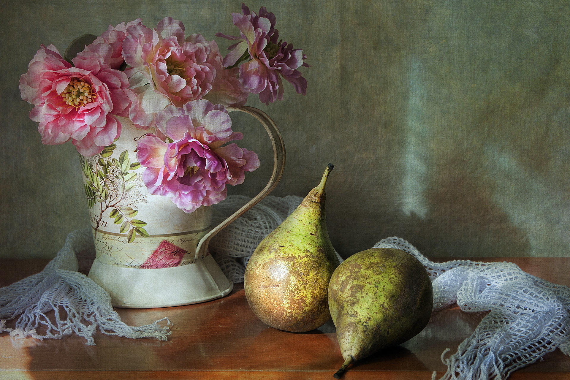 photography, still life, flower, pear, pitcher, scarf