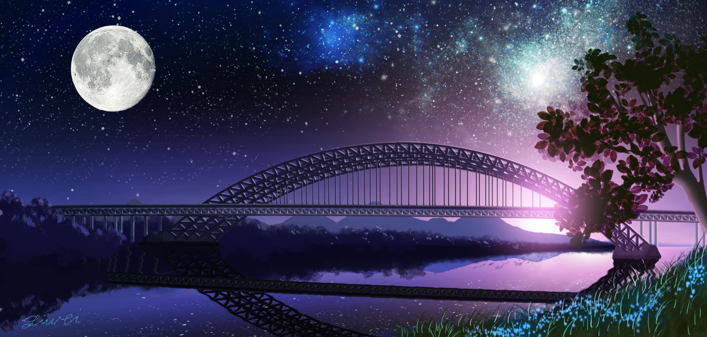 Мост из аниме ночью