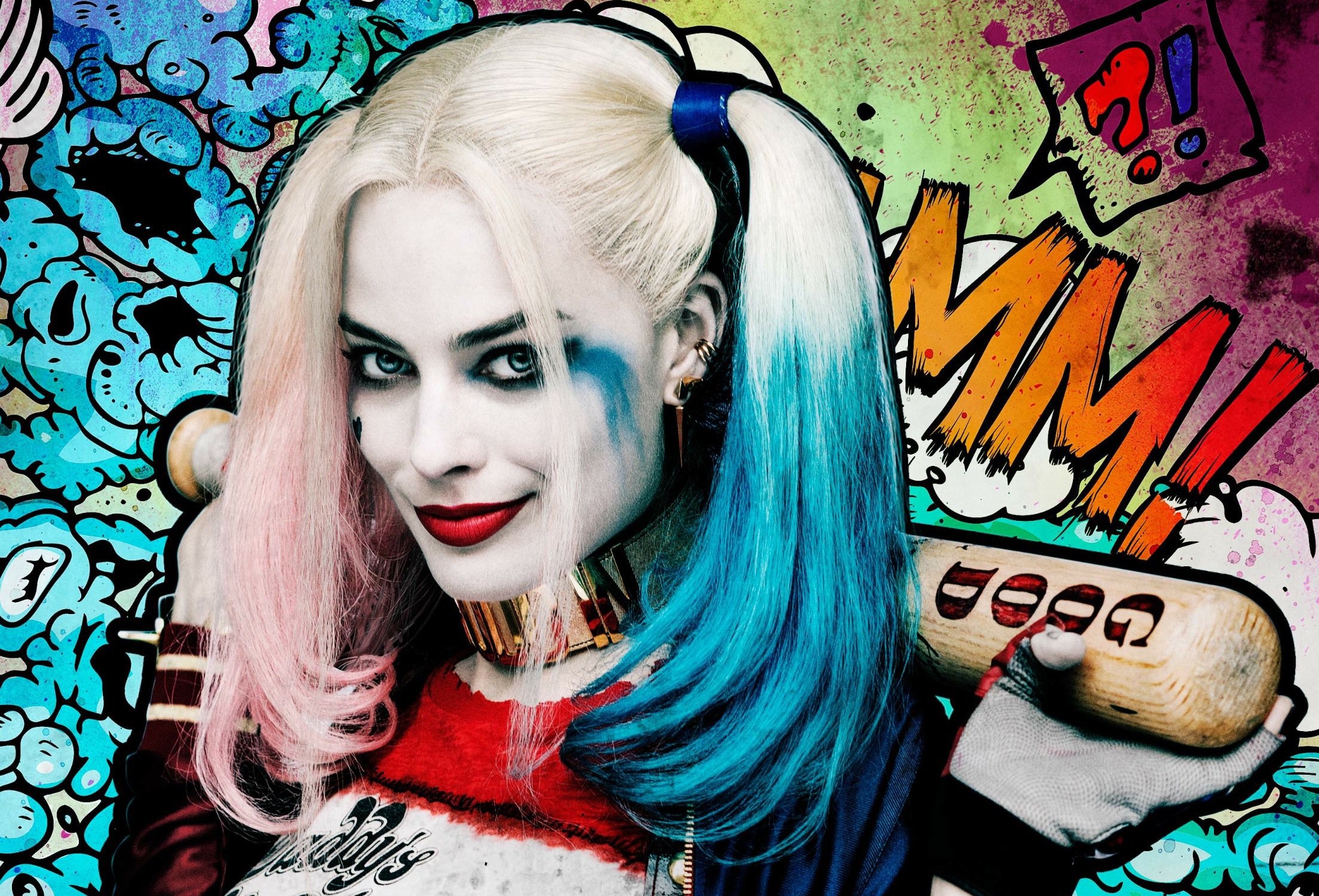 harley quinn, blue eyes, suicide squad, movie, baseball bat, blonde, dc comics, margot robbie, smile, two toned hair cellphone