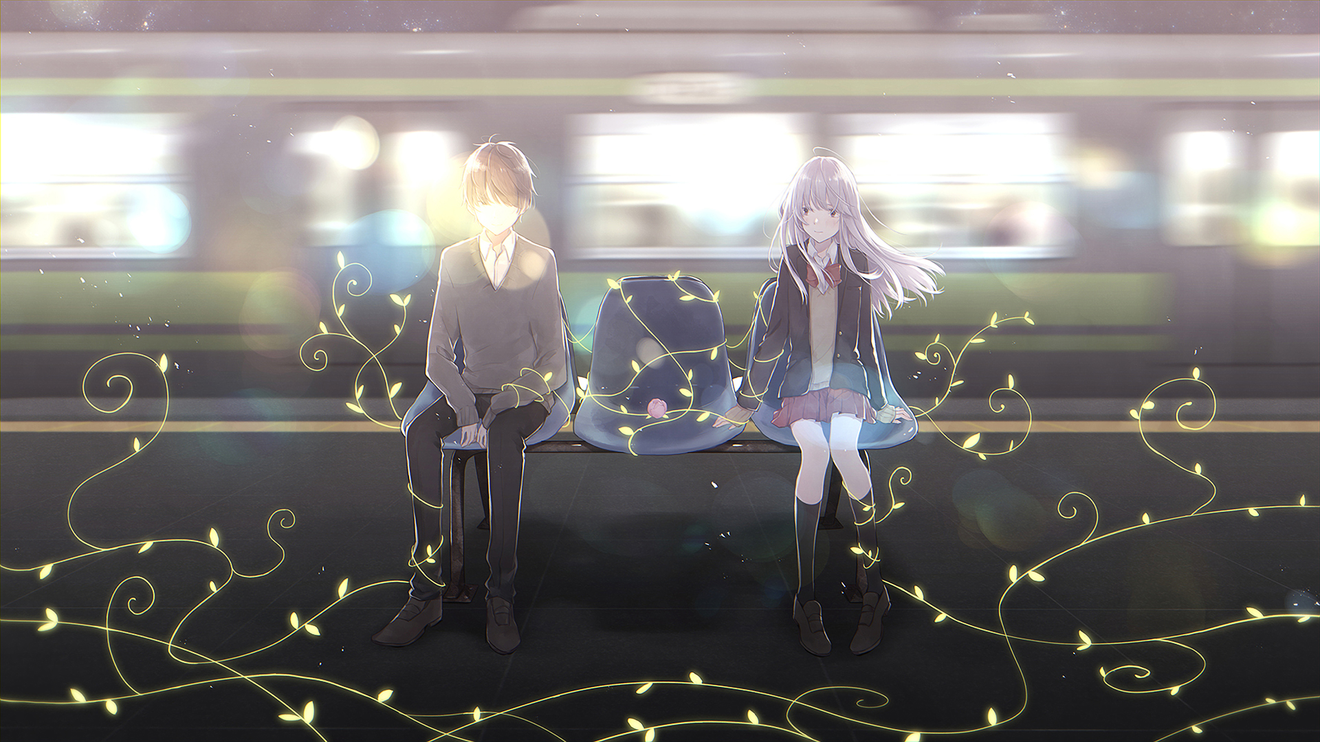 couple, anime, original, school uniform, schoolgirl, train station, white hair