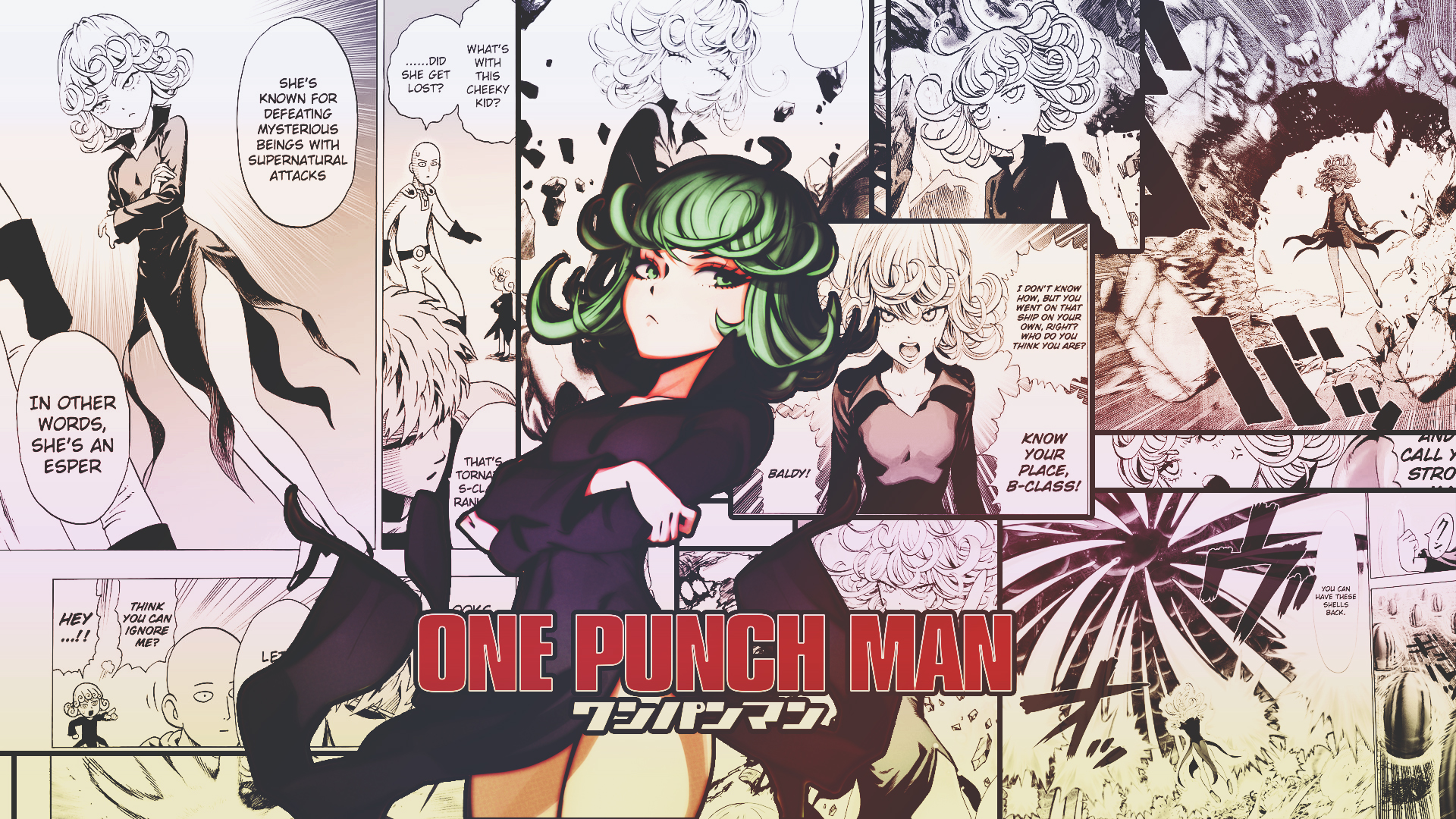 one punch man, tatsumaki (one punch man), anime, black dress, dress, green eyes, green hair