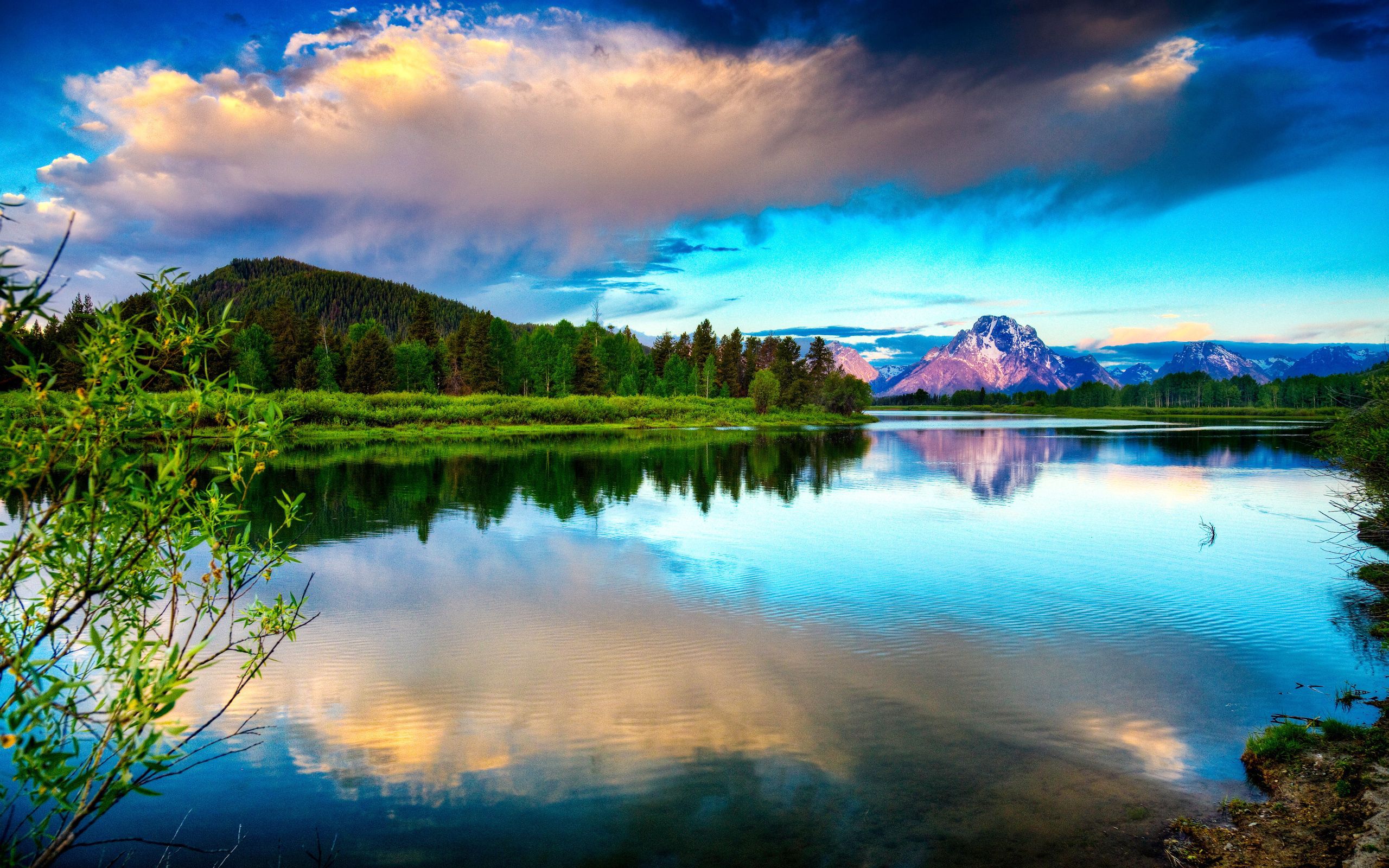 lake, contrast, nature, sky, mountains, clouds, water surface, brightly