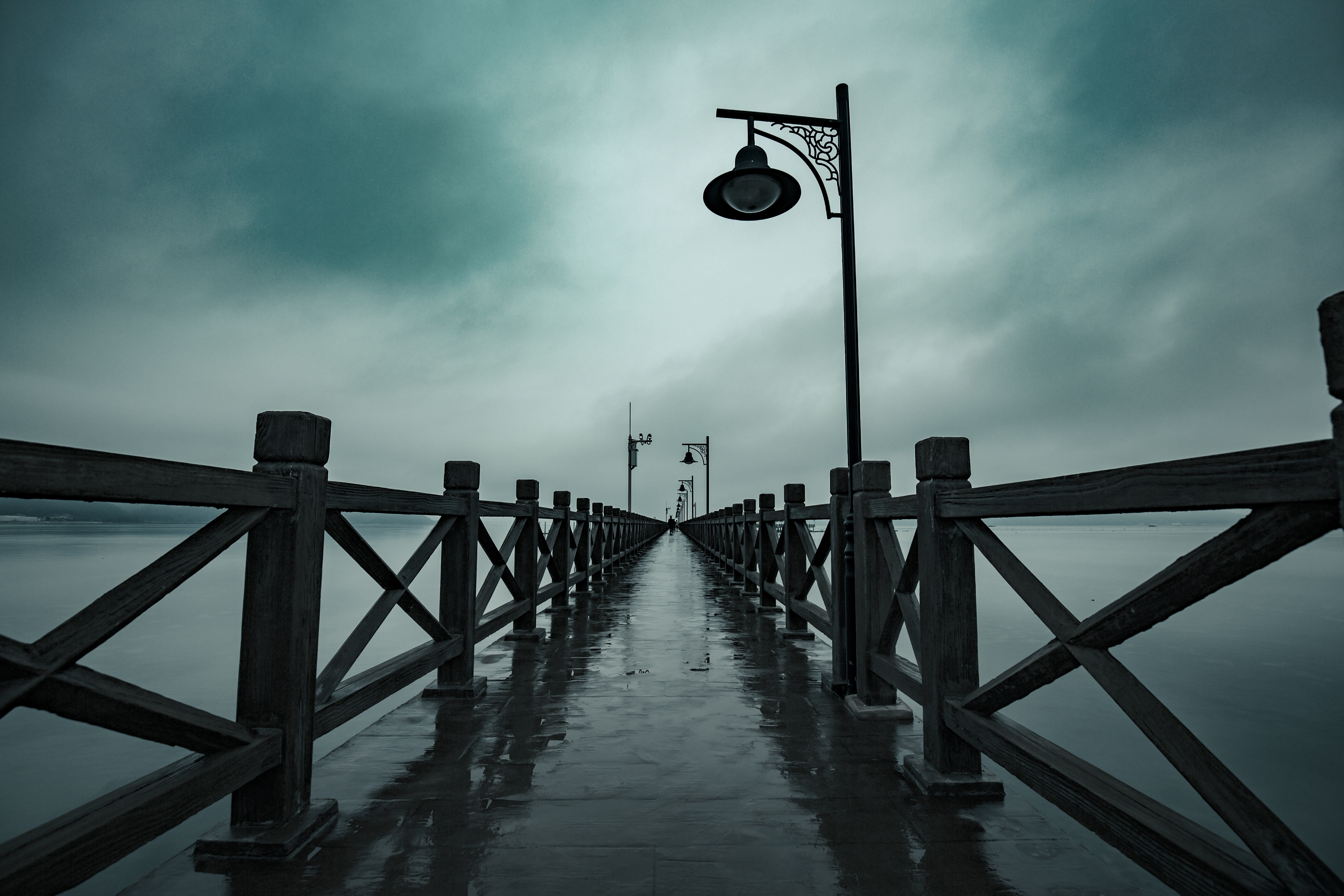 pier, lanterns, nature, lights, fog, moisture, railings, handrail