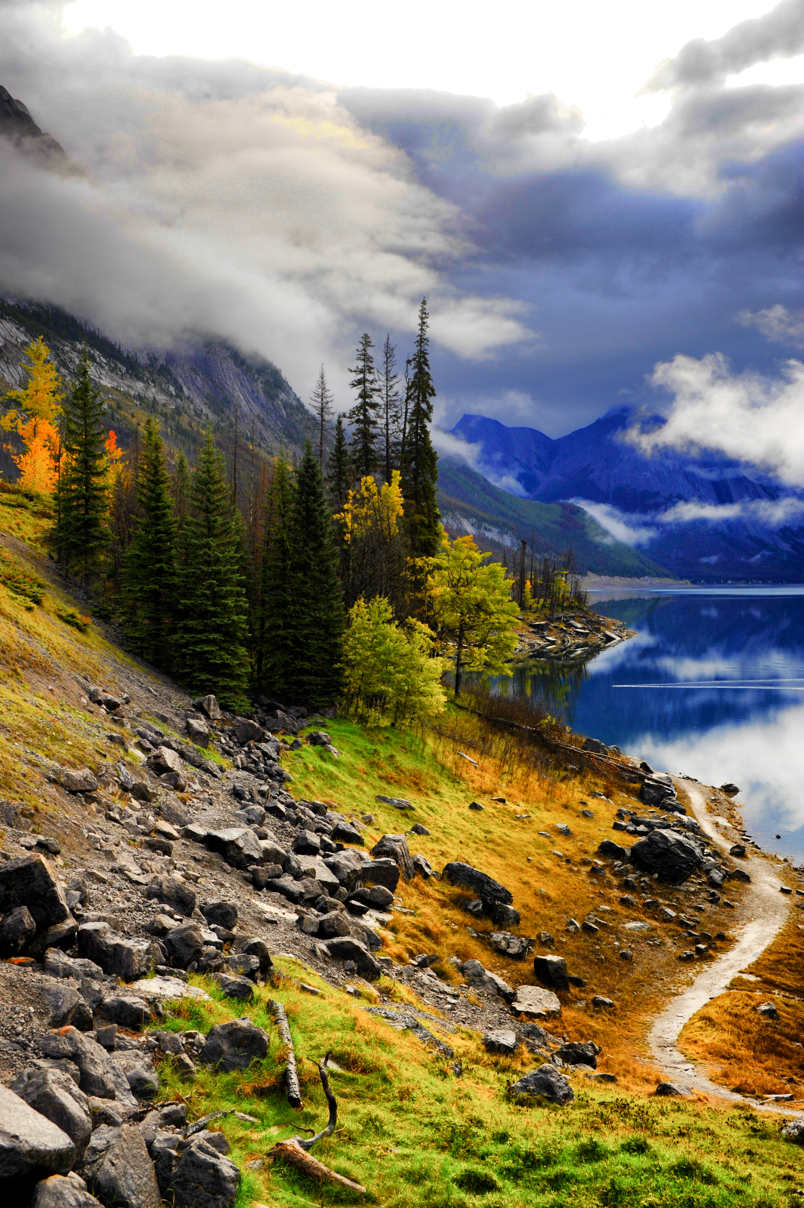 lake, trees, nature, slope, landscape, mountains, path HD wallpaper