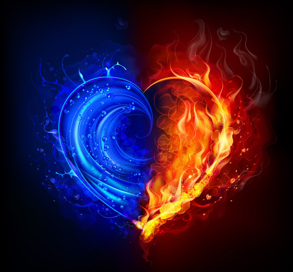 love, fire, water, valentine's day, hearts, background, holidays