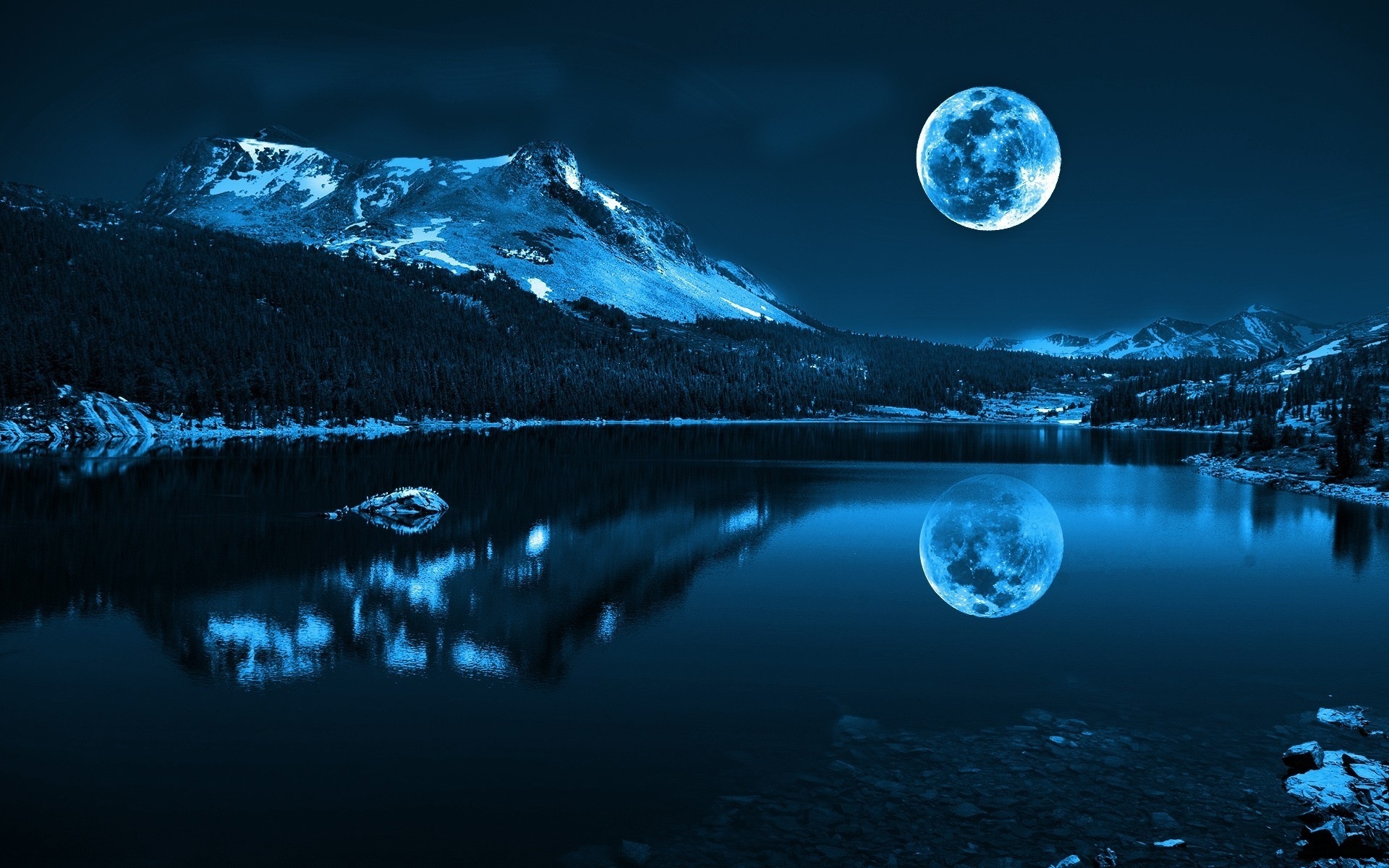 nature, moon, landscape, night, blue, lakes lock screen backgrounds