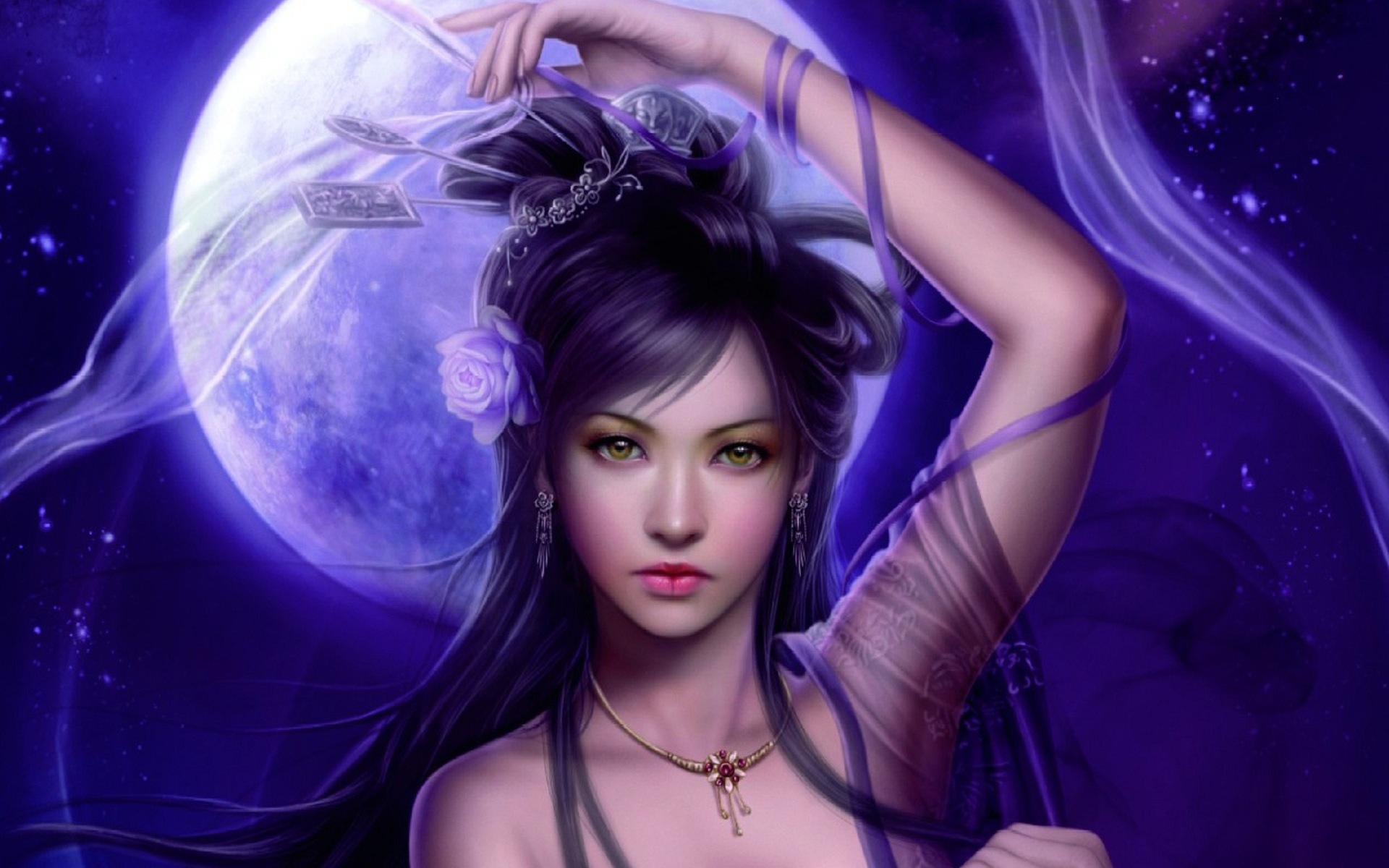 purple, fantasy, women, asian, face, moon, ribbon