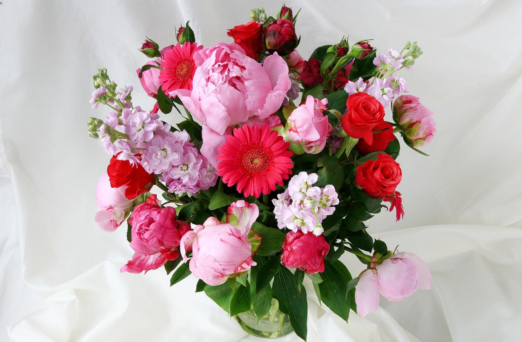 gerberas, flowers, roses, peonies, greens, bouquet, vase, levkoy, mattiola, gillyflower Aesthetic wallpaper