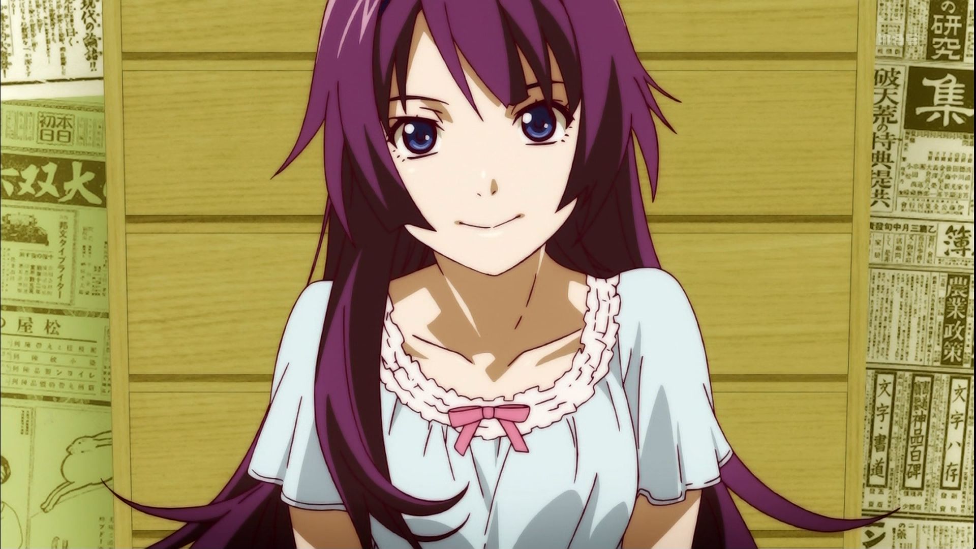 anime, monogatari (series), blue eyes, hitagi senjōgahara, long hair, purple hair QHD