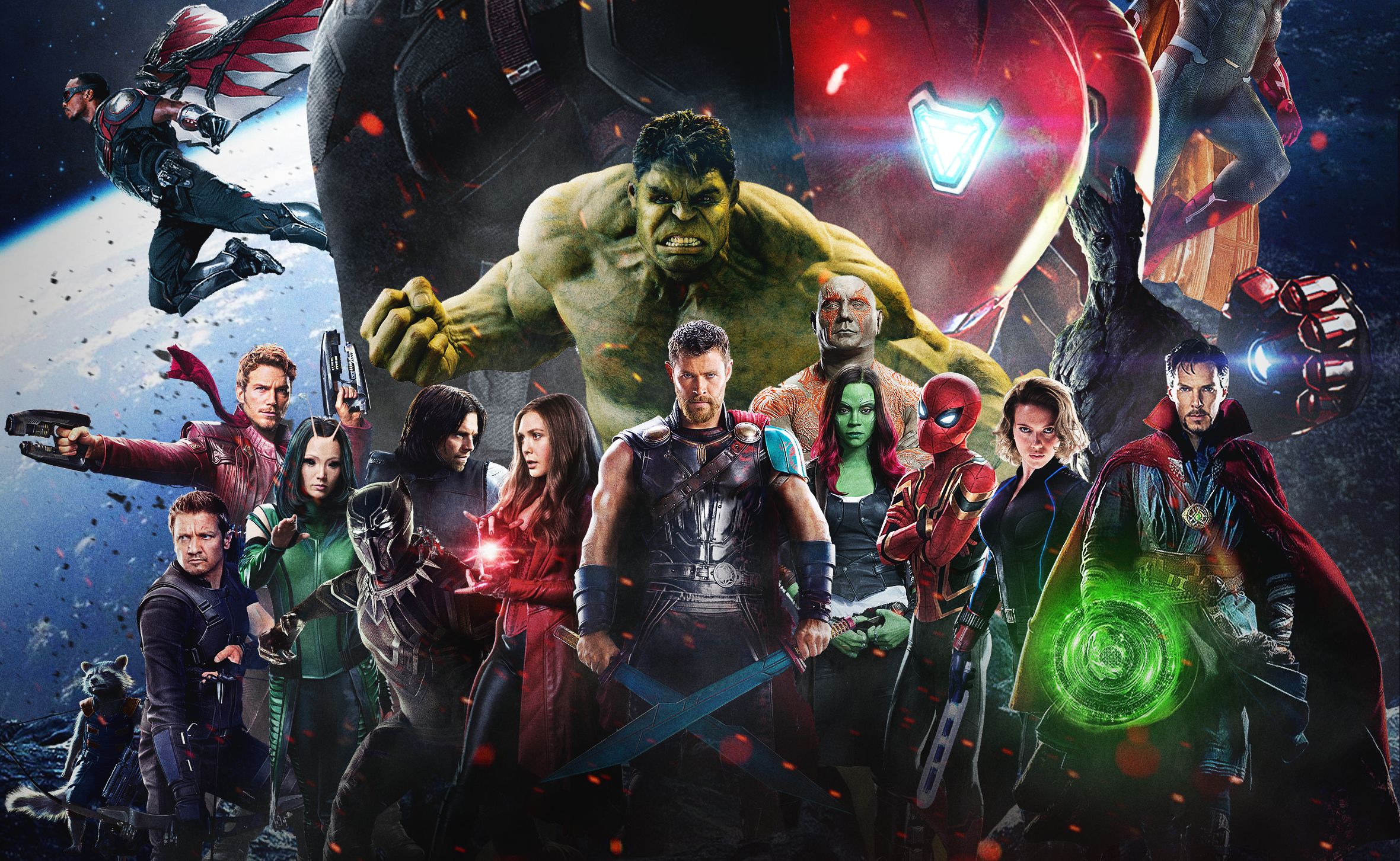Download mobile wallpaper Spider Man, Hulk, Movie, Black Panther (Marvel Comics), Thor, Black Widow, Hawkeye, The Avengers, Scarlet Witch, Doctor Strange, Falcon (Marvel Comics), Rocket Raccoon, Winter Soldier, Drax The Destroyer, Bucky Barnes, Gamora, Groot, Peter Quill, Mantis (Marvel Comics), Avengers: Infinity War for free.