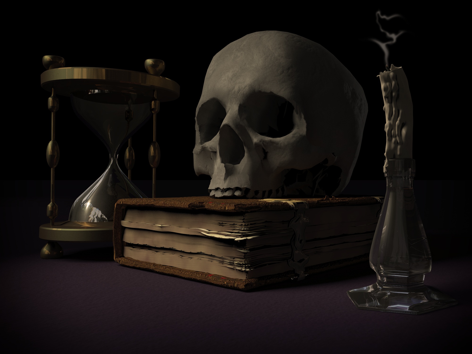 book, dark, skull, hourglass