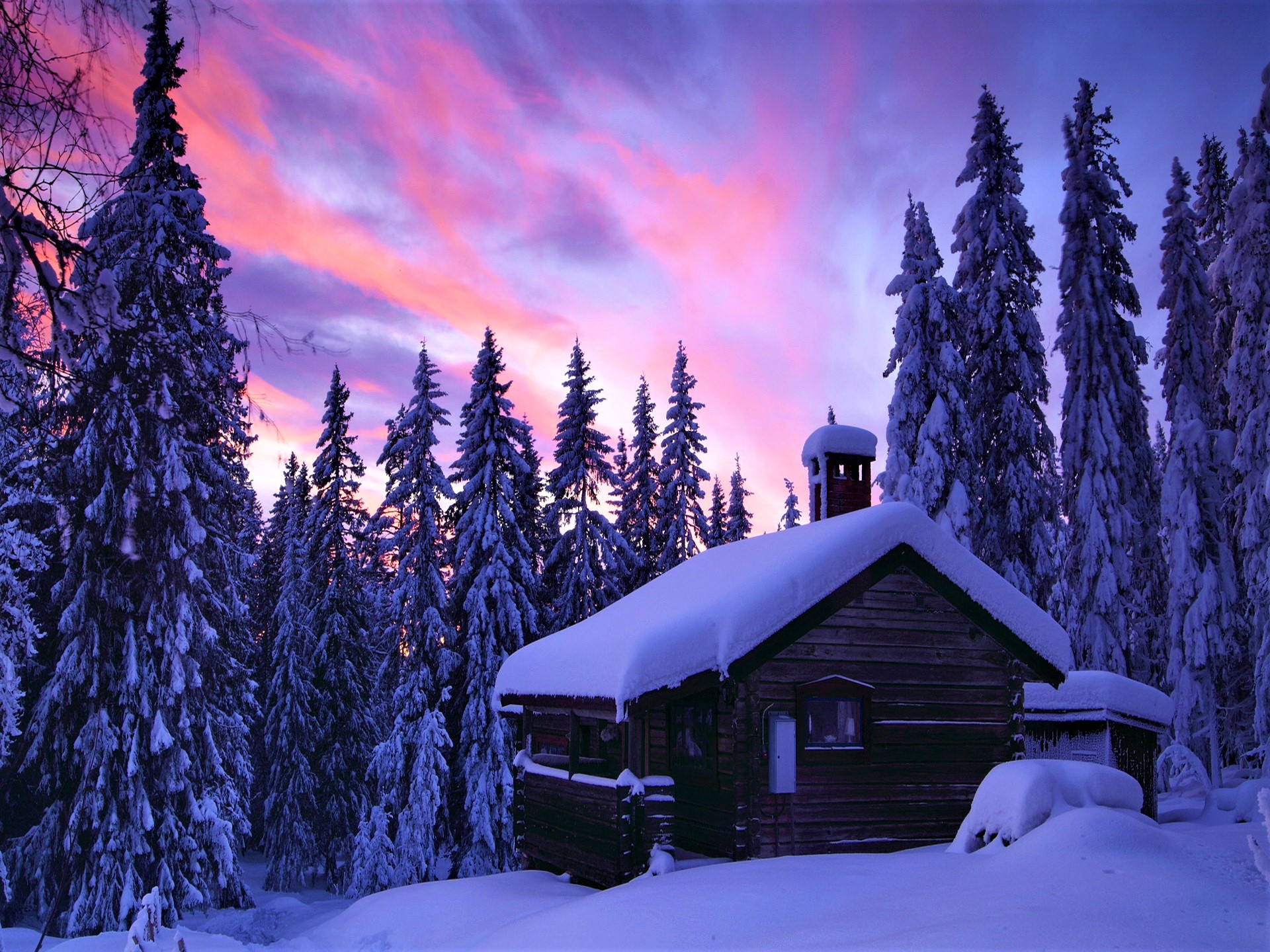 871037 скачать обои закат, зима, снег, сделано человеком, кабина, лес, дерево - заставки и картинки бесплатно
