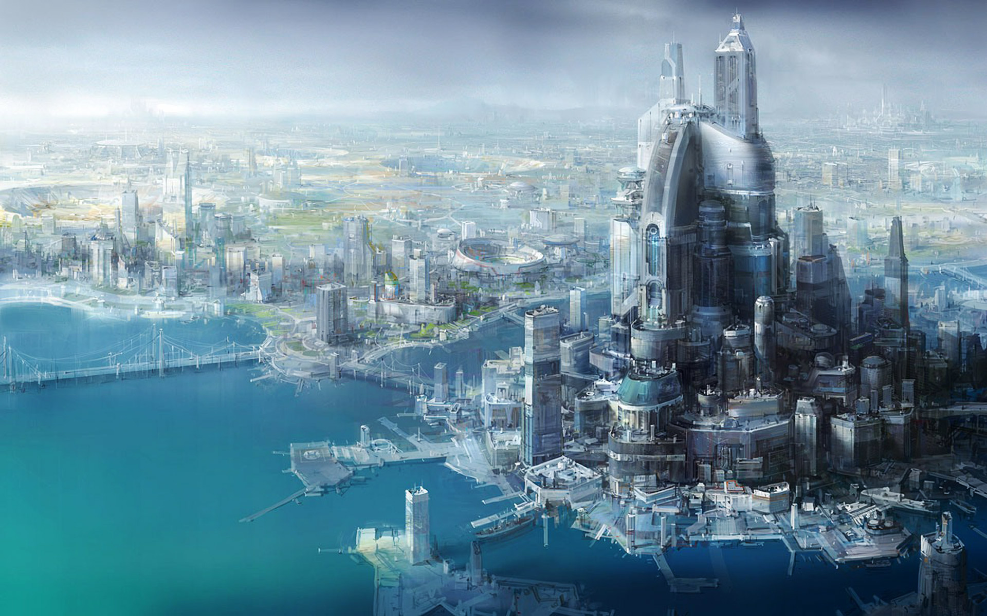 futuristic city, sci fi, city, blue, building, cityscape, dock, fantasy, futuristic, metropolis, ocean, skyscraper, star wars, water HD wallpaper