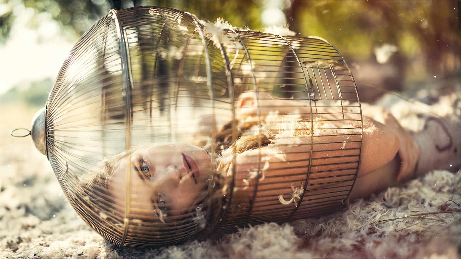 women, model, blonde, blue eyes, cage, feather, outdoor HD wallpaper