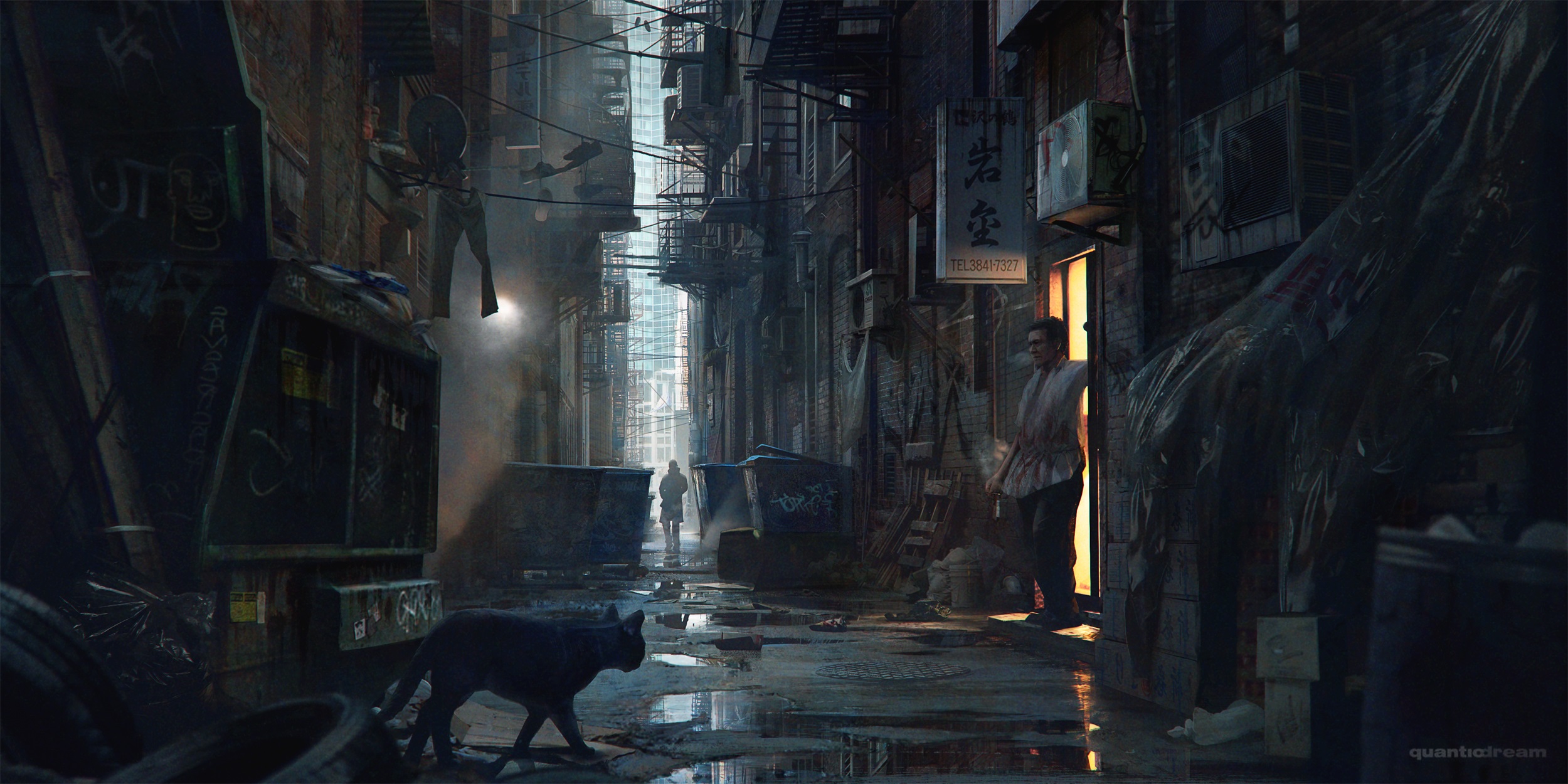 Download mobile wallpaper City, Cat, Alley, Sci Fi for free.