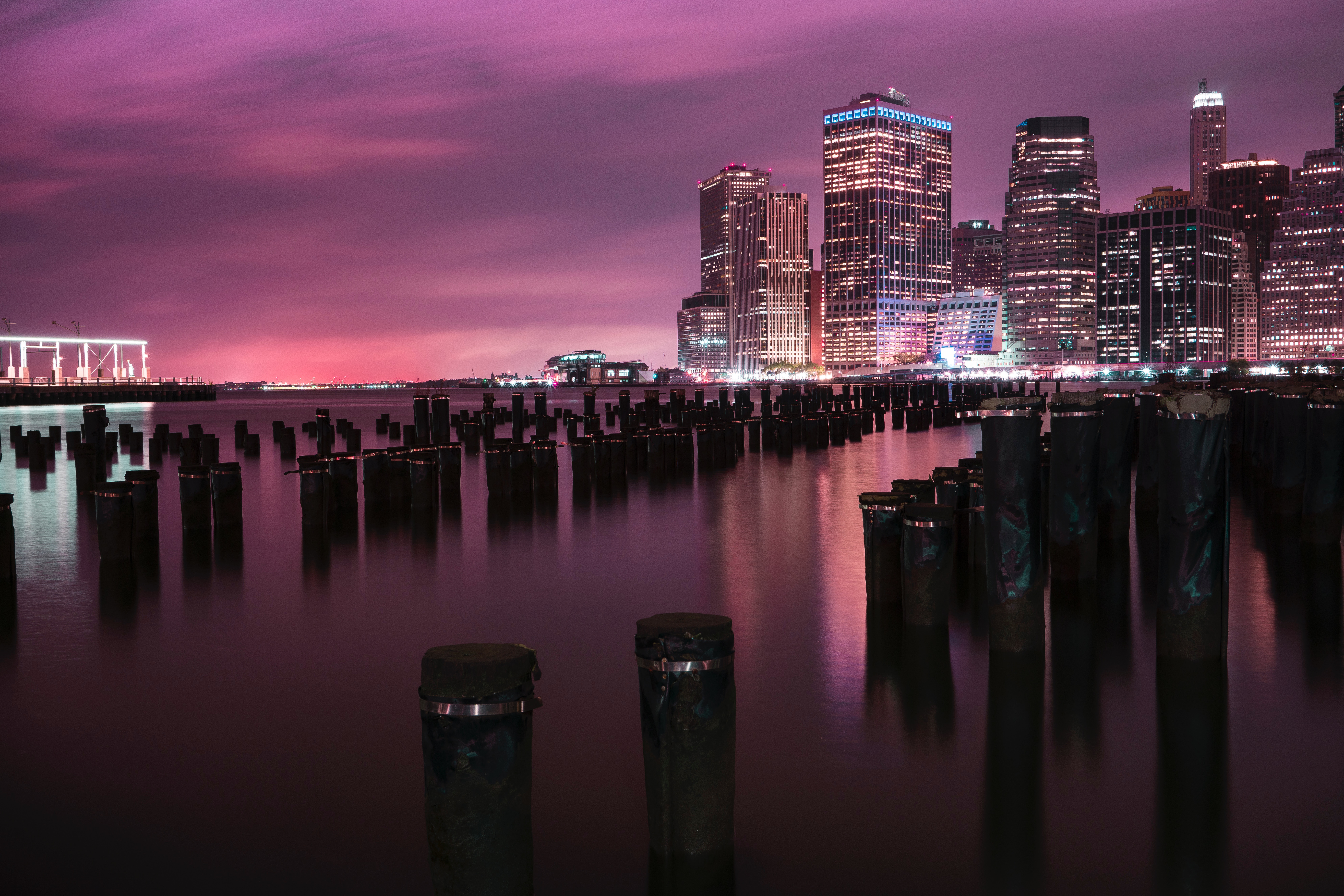 night city, usa, city lights, shore, bank, cities, building, united states HD wallpaper