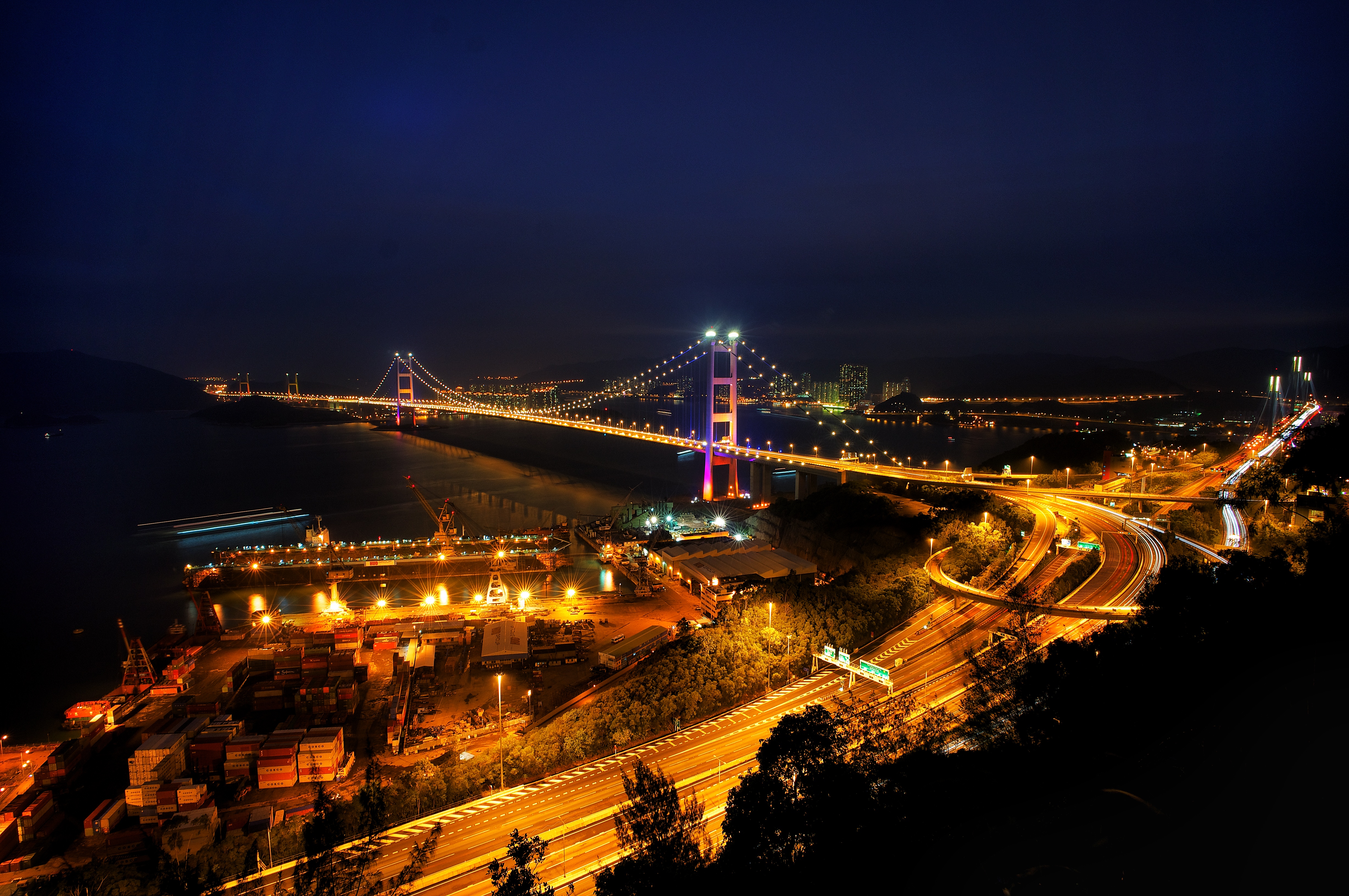 Download mobile wallpaper Road, Cities, City Lights, Bridge, Night, Night City for free.
