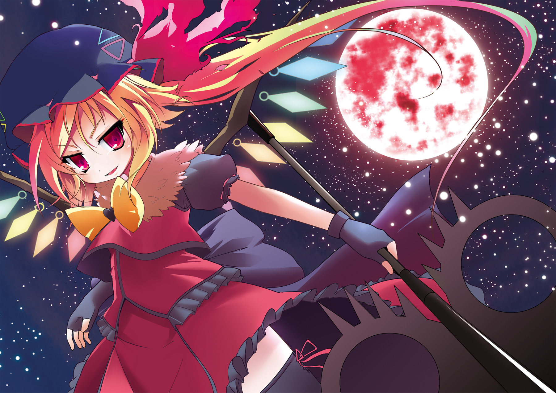 anime, touhou, flandre scarlet, moon, staff, vampire, wings wallpapers for tablet