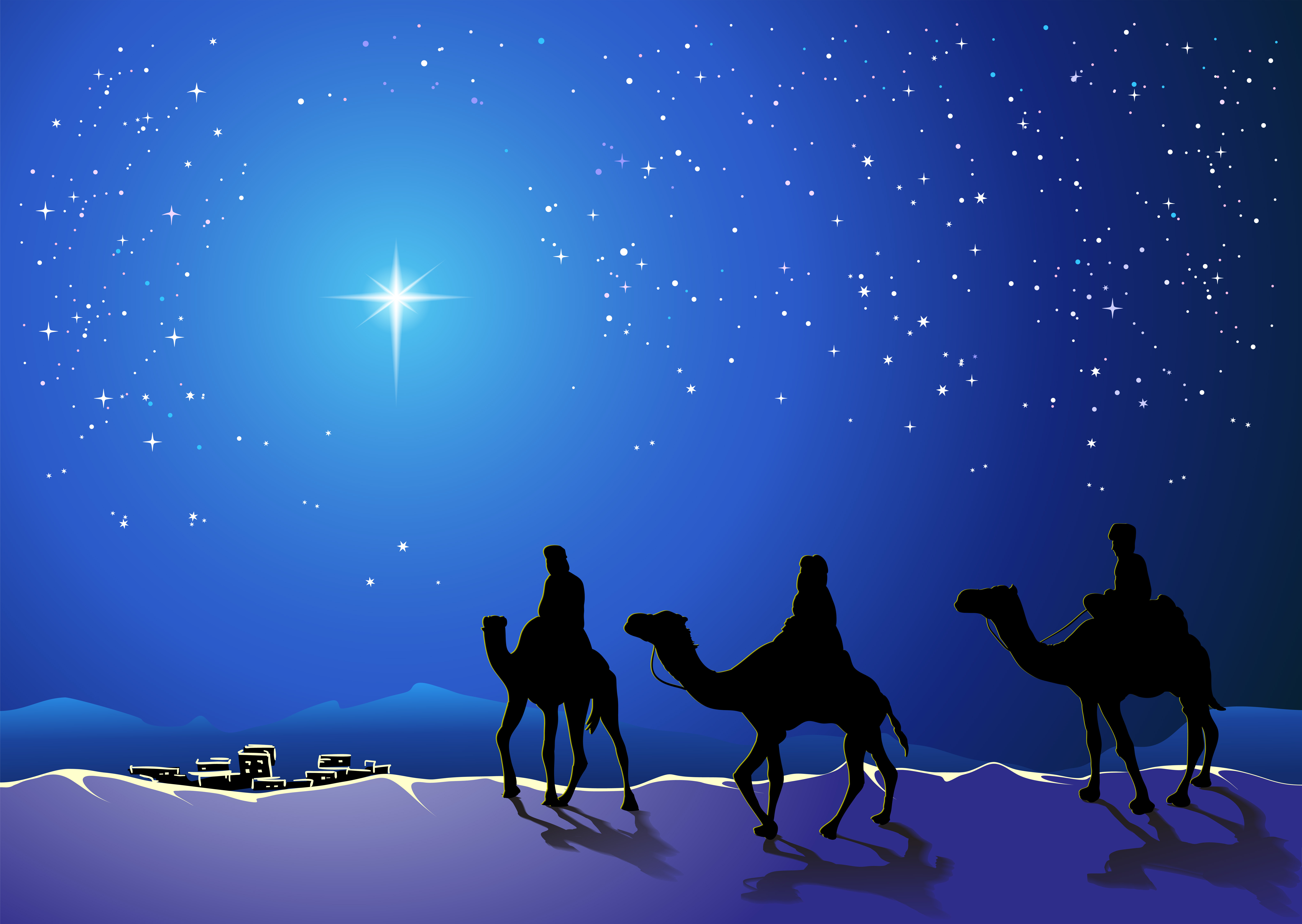 873097 скачать обои праздничные, рождество, синий, верблюды, ночь, звезды, три мудреца, город - заставки и картинки бесплатно