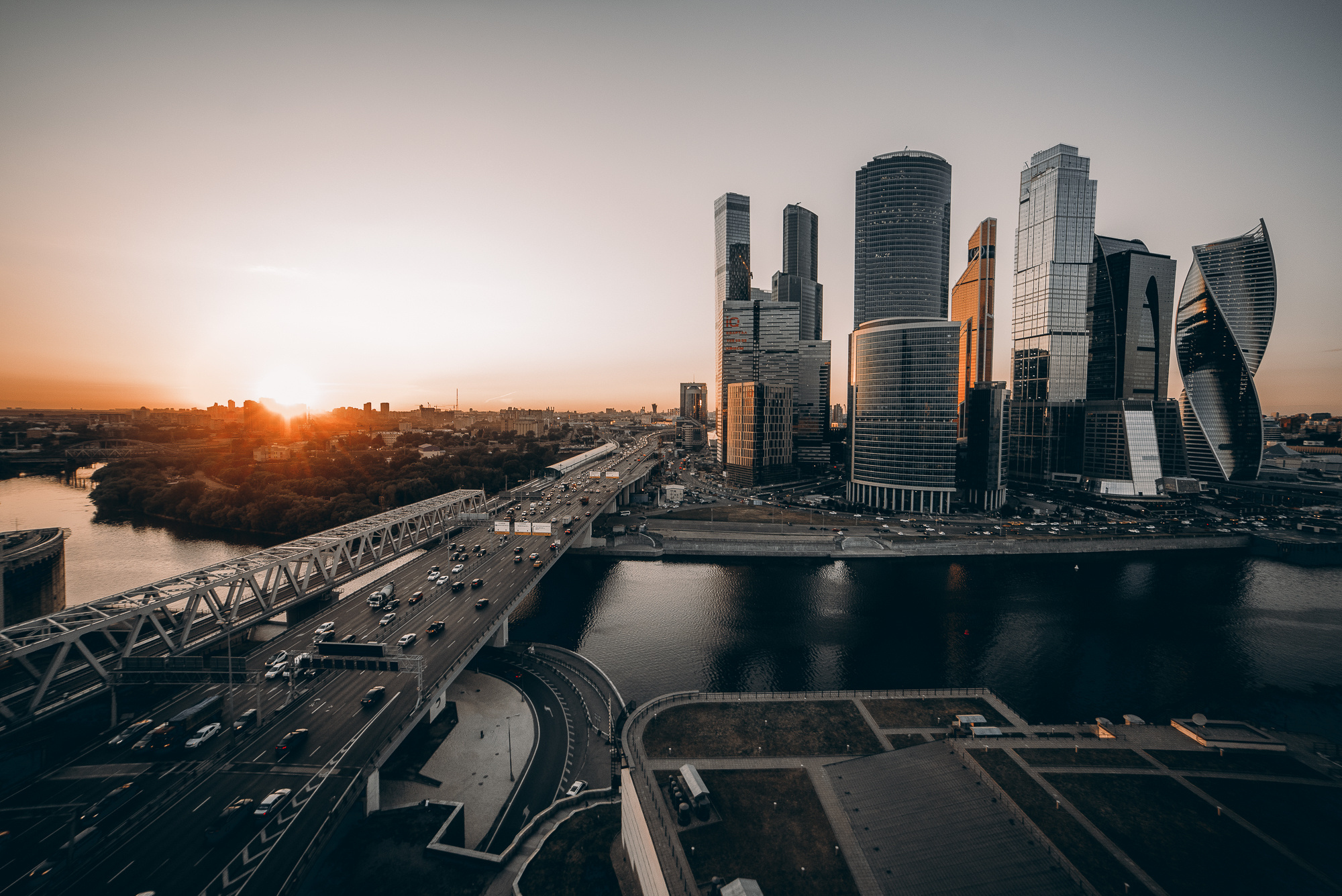 russia, skyscraper, sunrise, cityscape, building, man made, moscow, highway, cities cell phone wallpapers