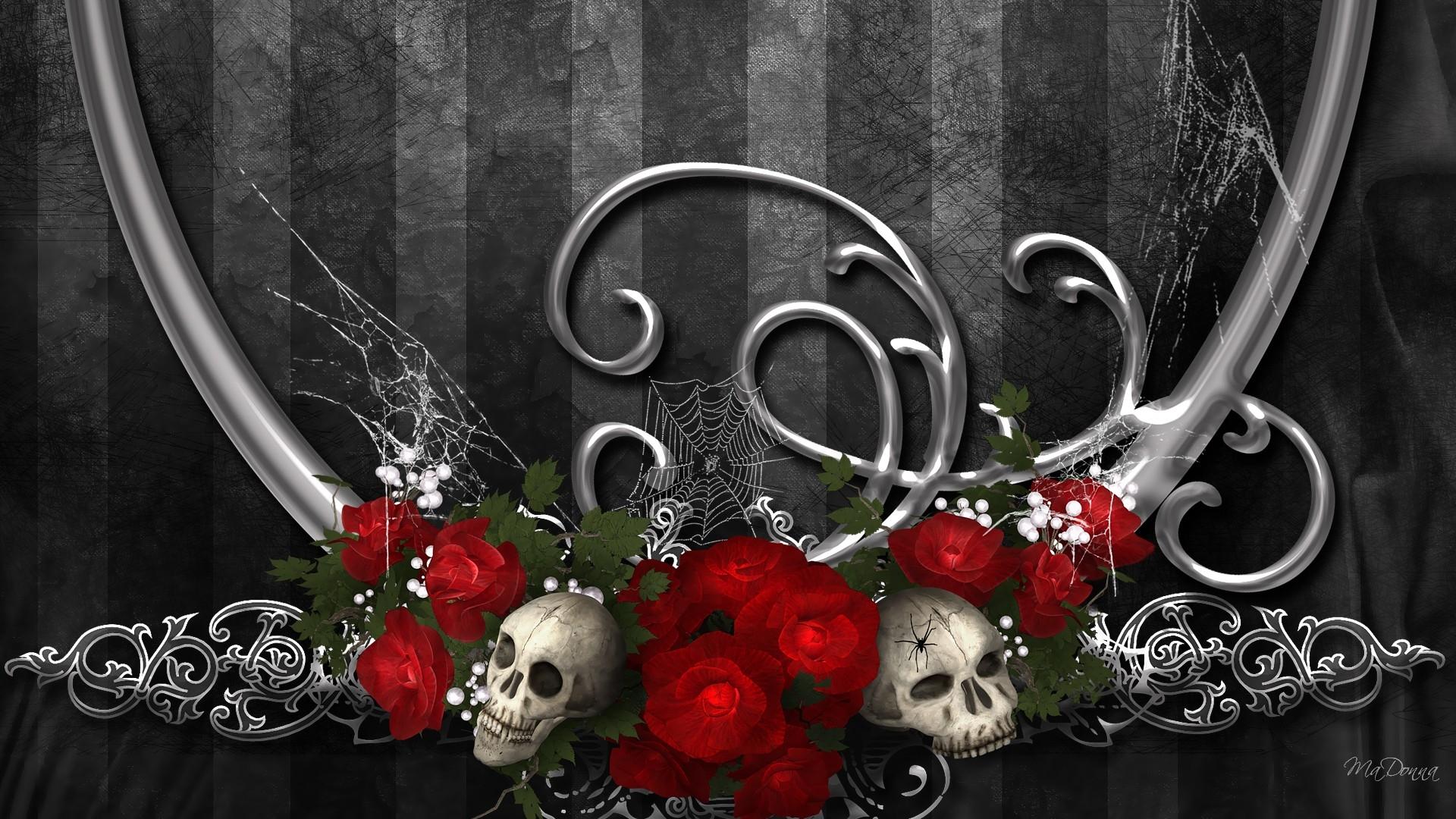 KREA  a badass guns and roses digital art wallpaper on a black background  crimson highlights skull and crossbones red roses intricate illustration