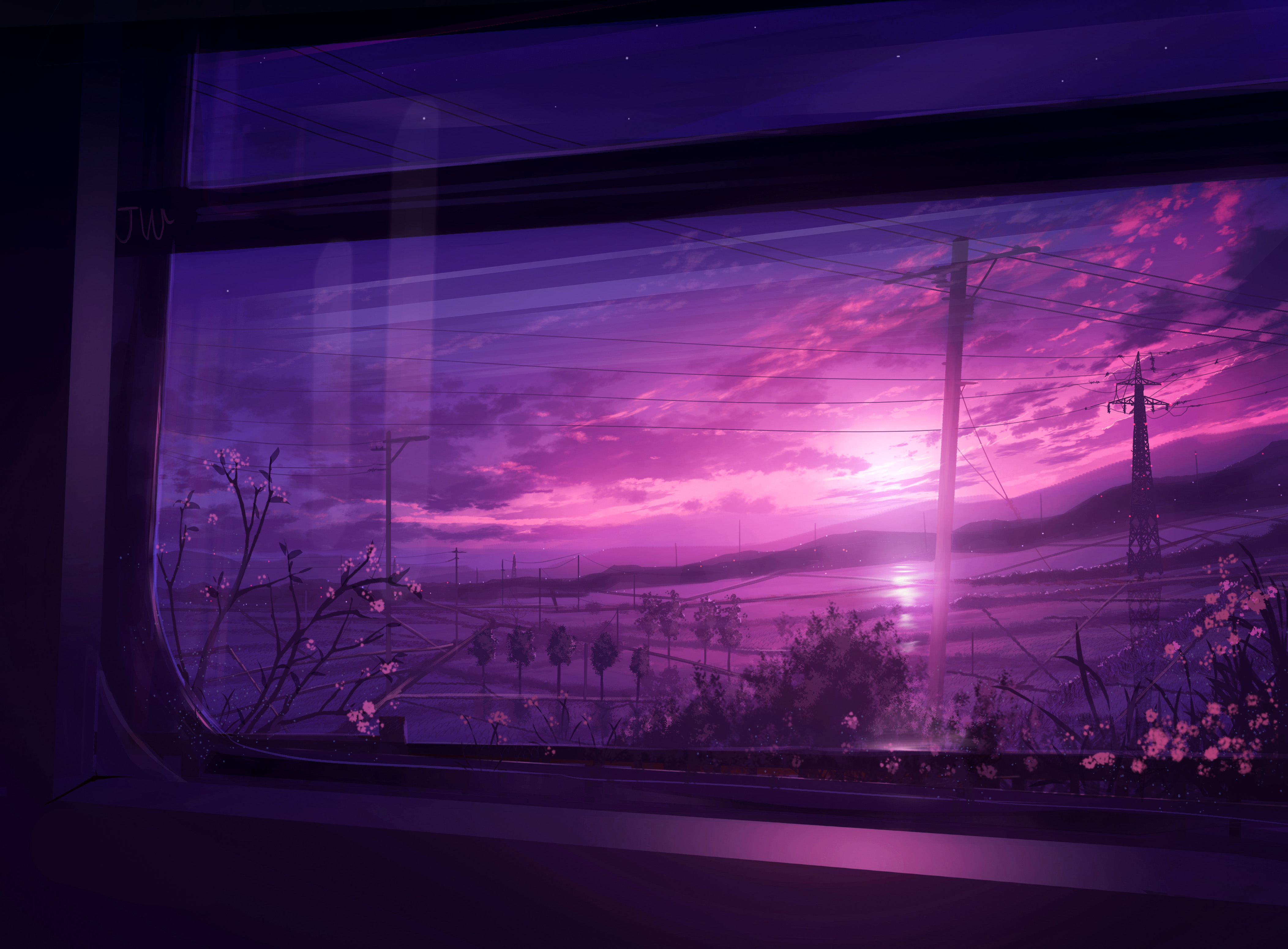 anime, sunset, landscape, power line, scenery, window HD wallpaper