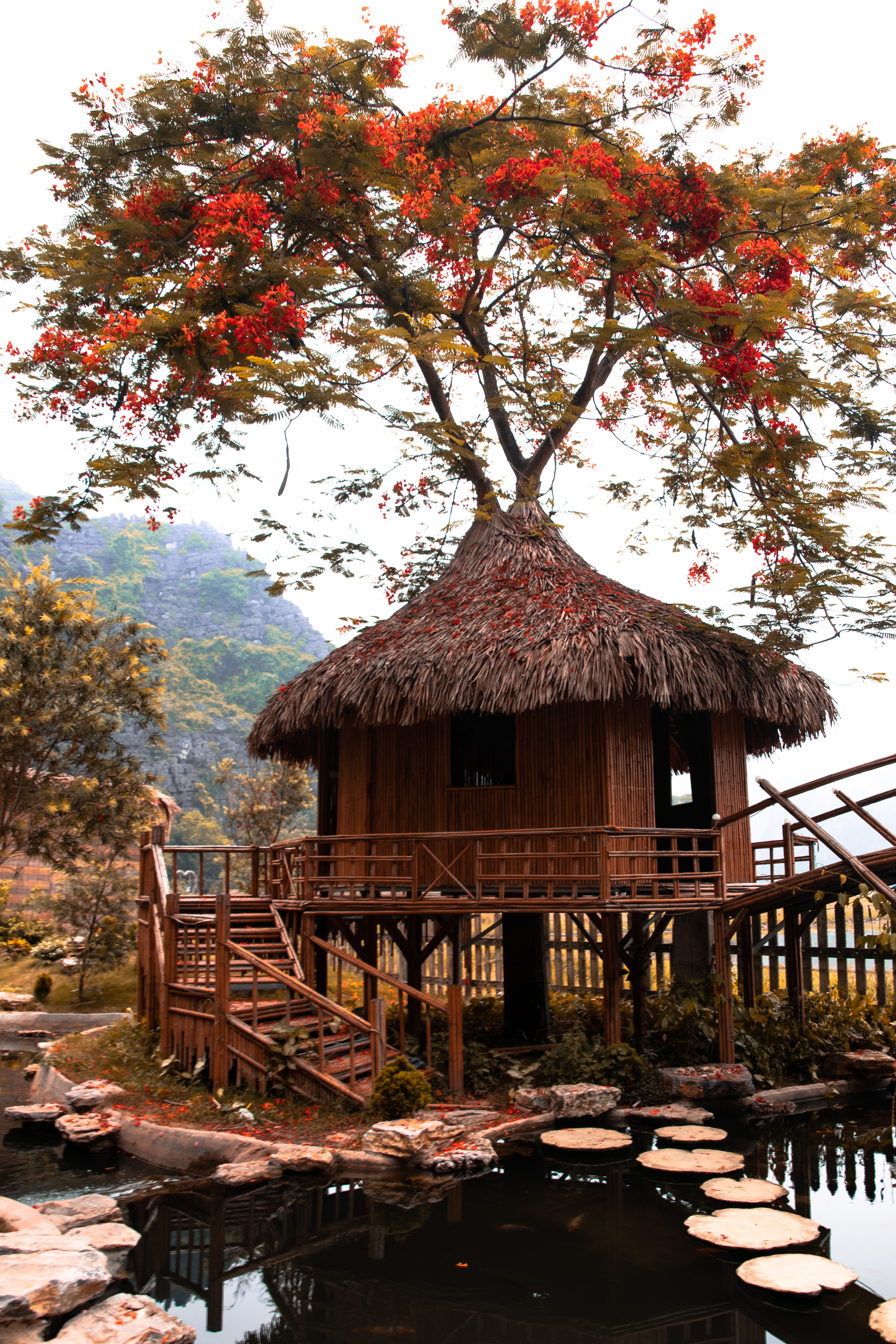 Download mobile wallpaper Architecture, Lake, Hut, Bungalow, Nature for free.