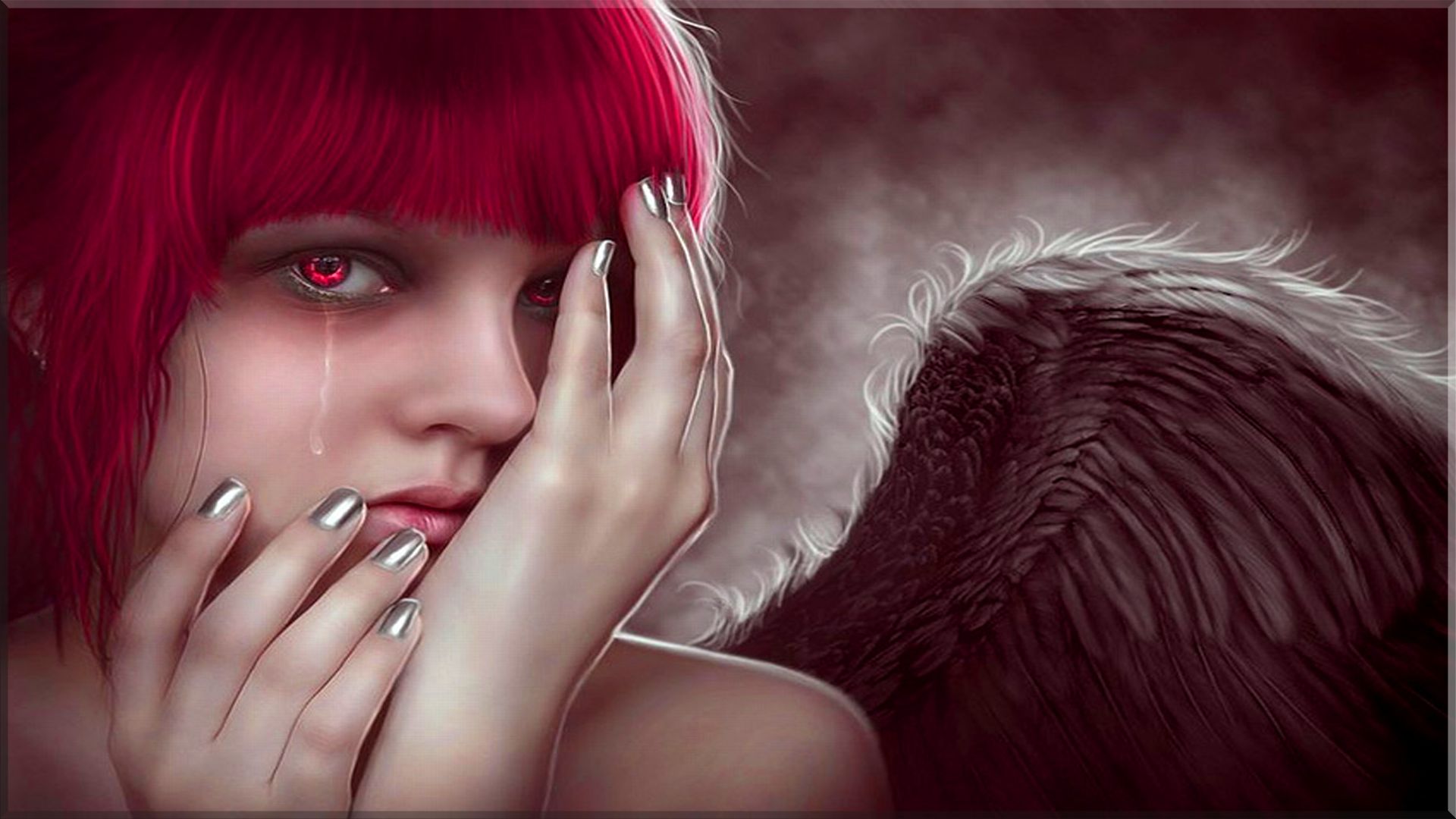 fantasy, angel, crying, redhead, sad, wings