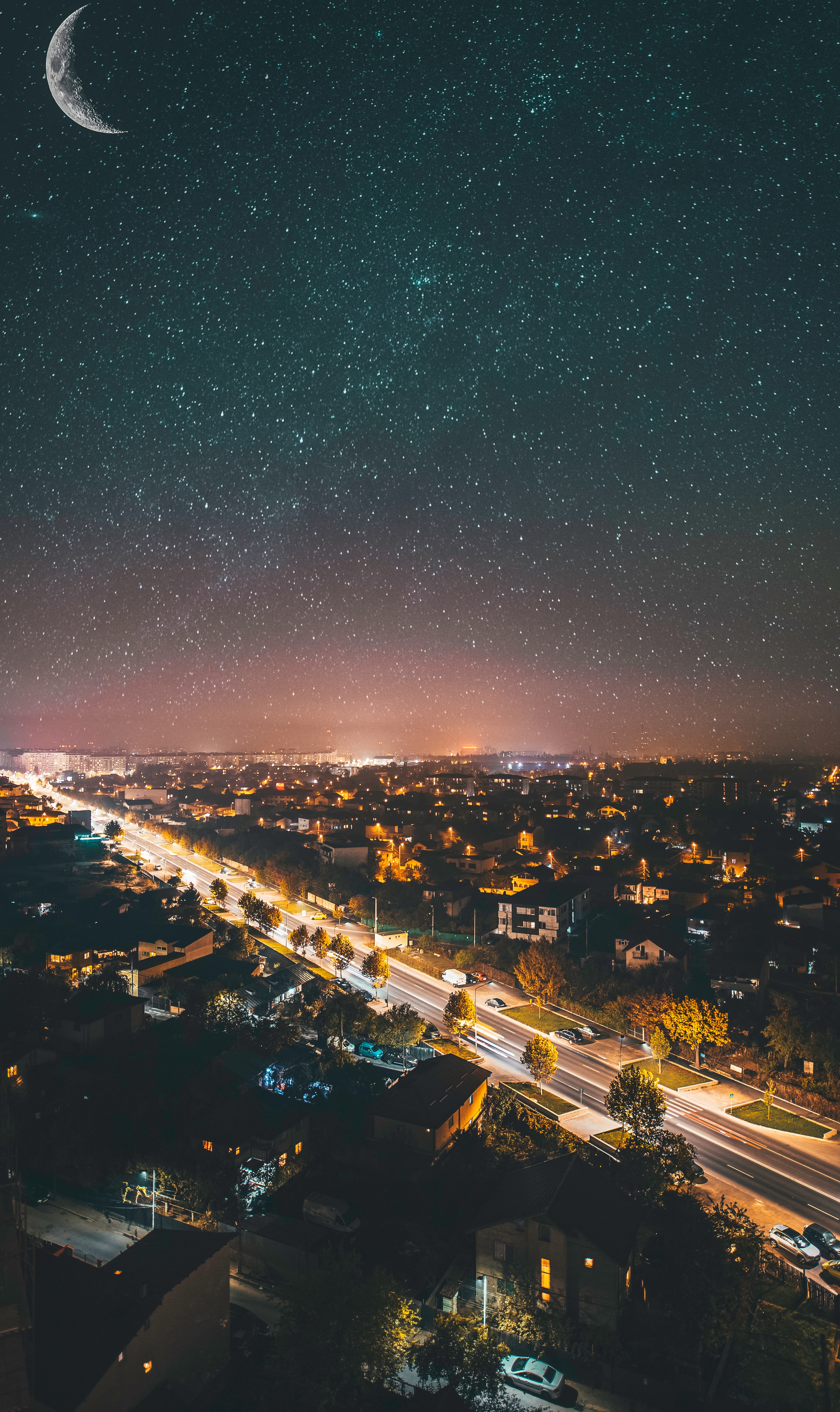 night, city, view from above, dark, starry sky, urban landscape, cityscape for android