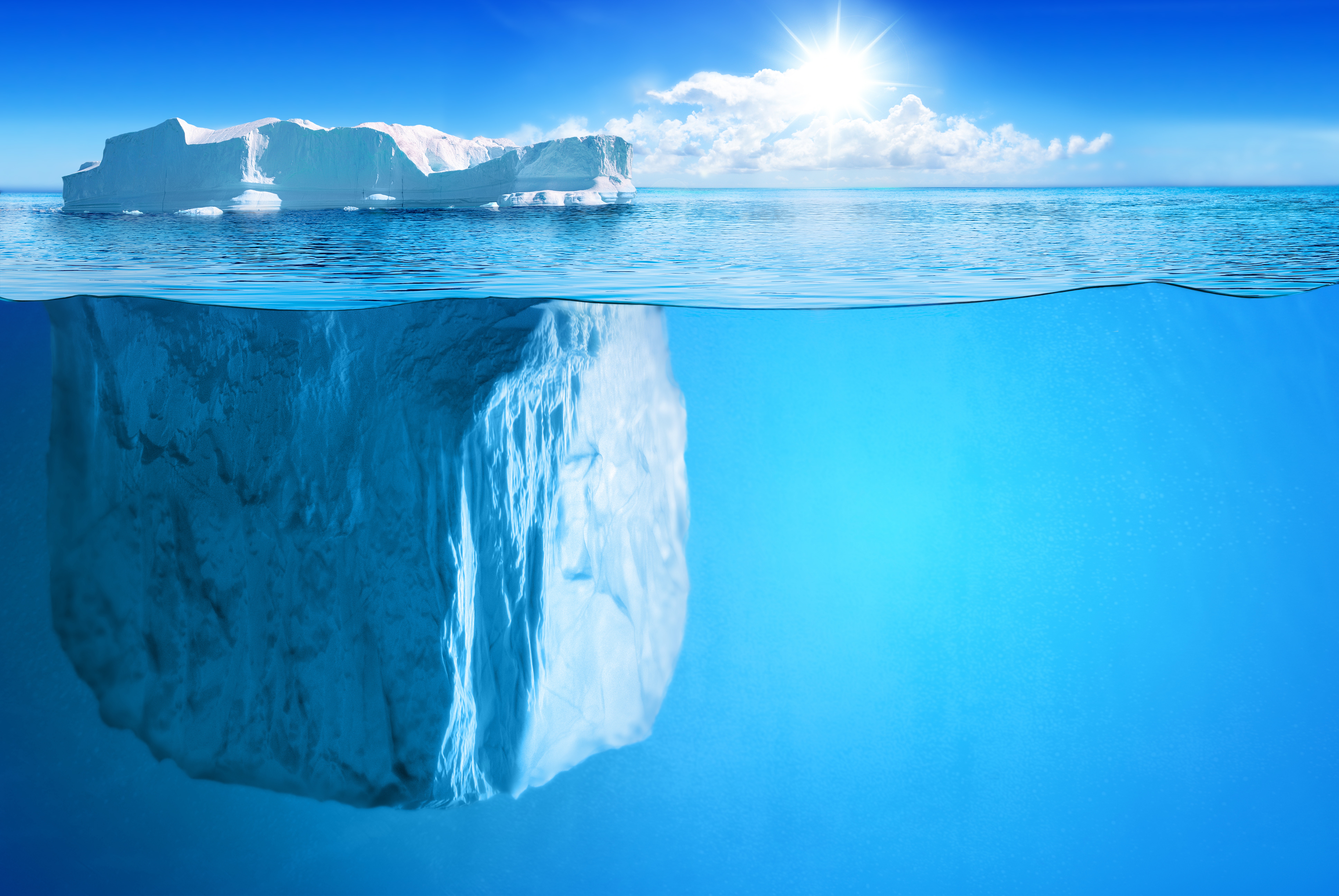 Mobile wallpaper iceberg, nature, under water, sun, horizon, beams, rays, underwater