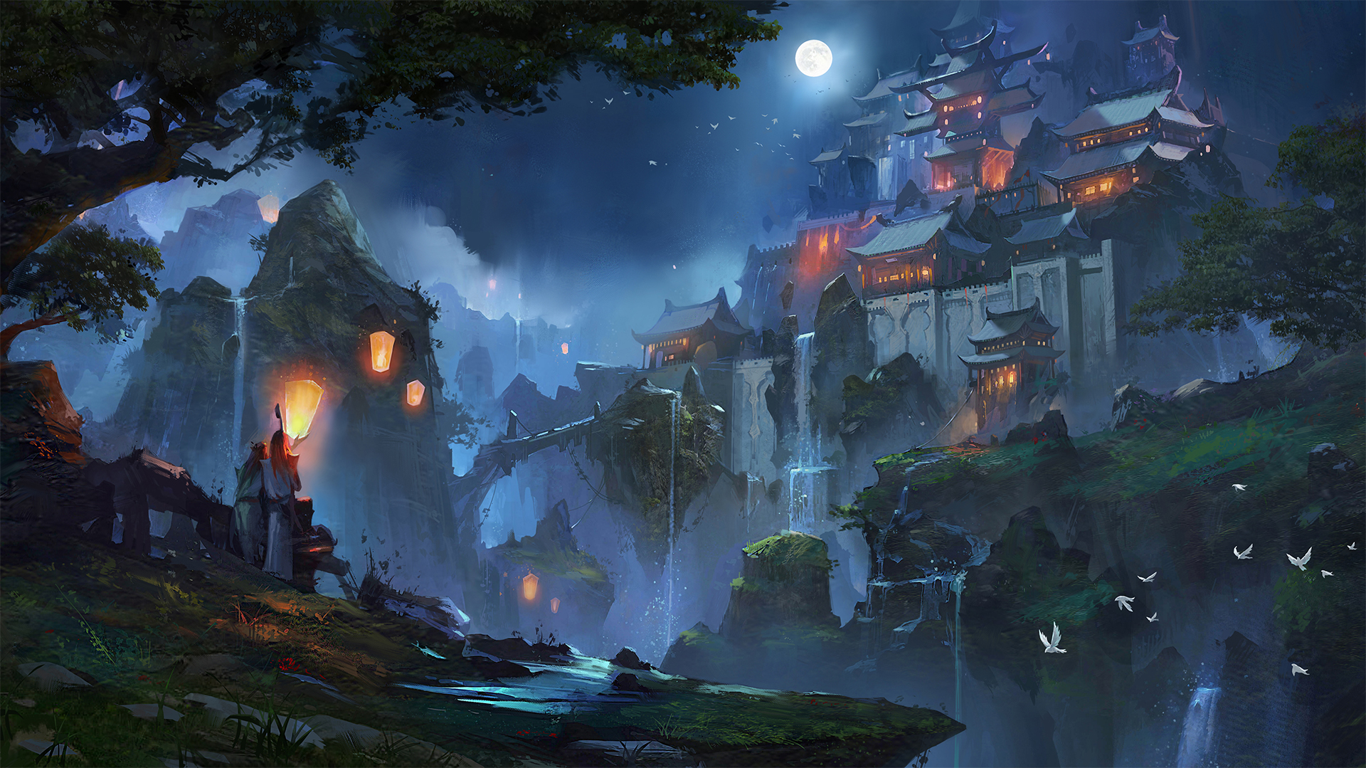 waterfall, fantasy, castle, lantern, moon, night, scenery, castles