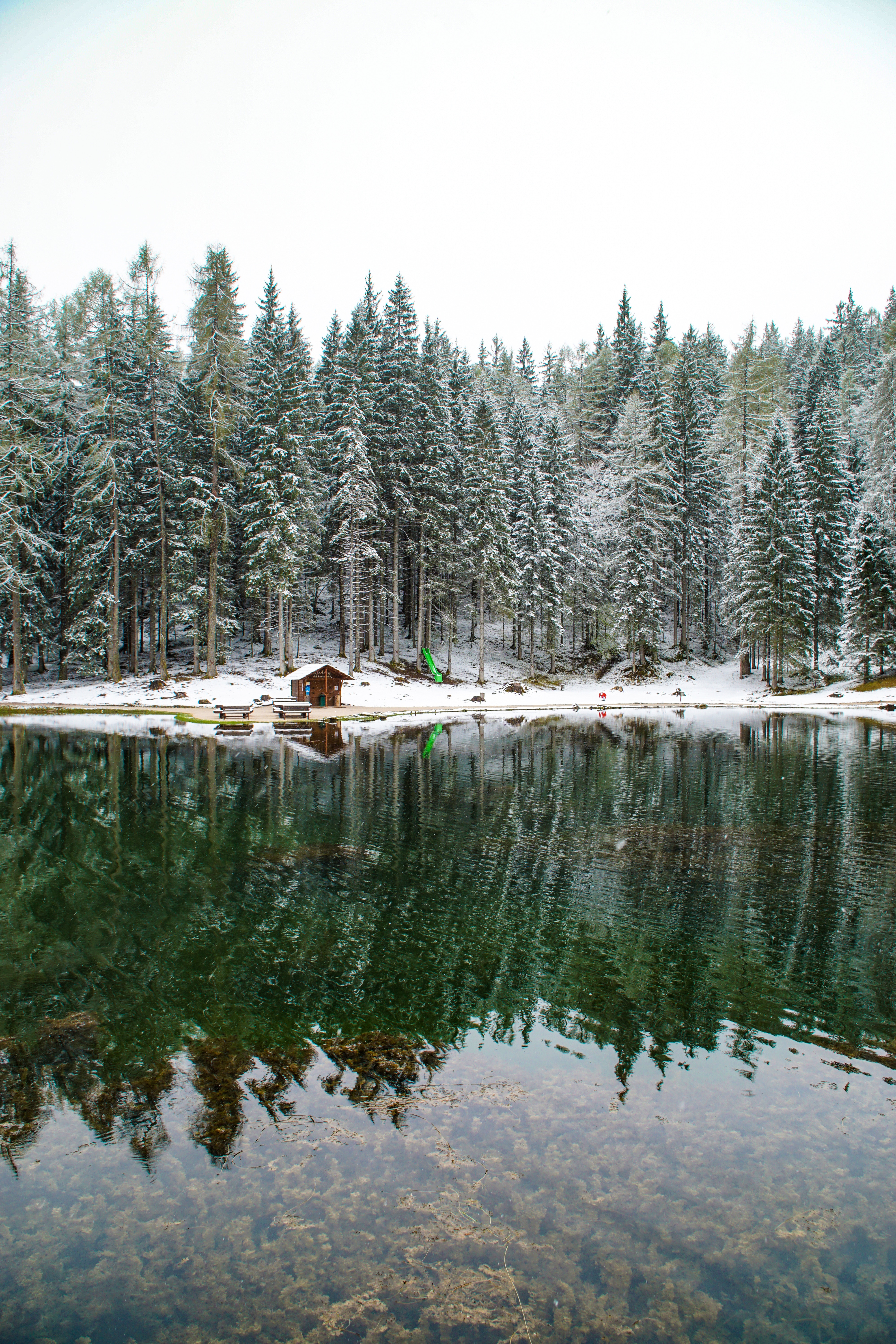 Download mobile wallpaper Snow, Seclusion, Forest, Lake, Nature, Lodge, Privacy, Small House, Landscape for free.