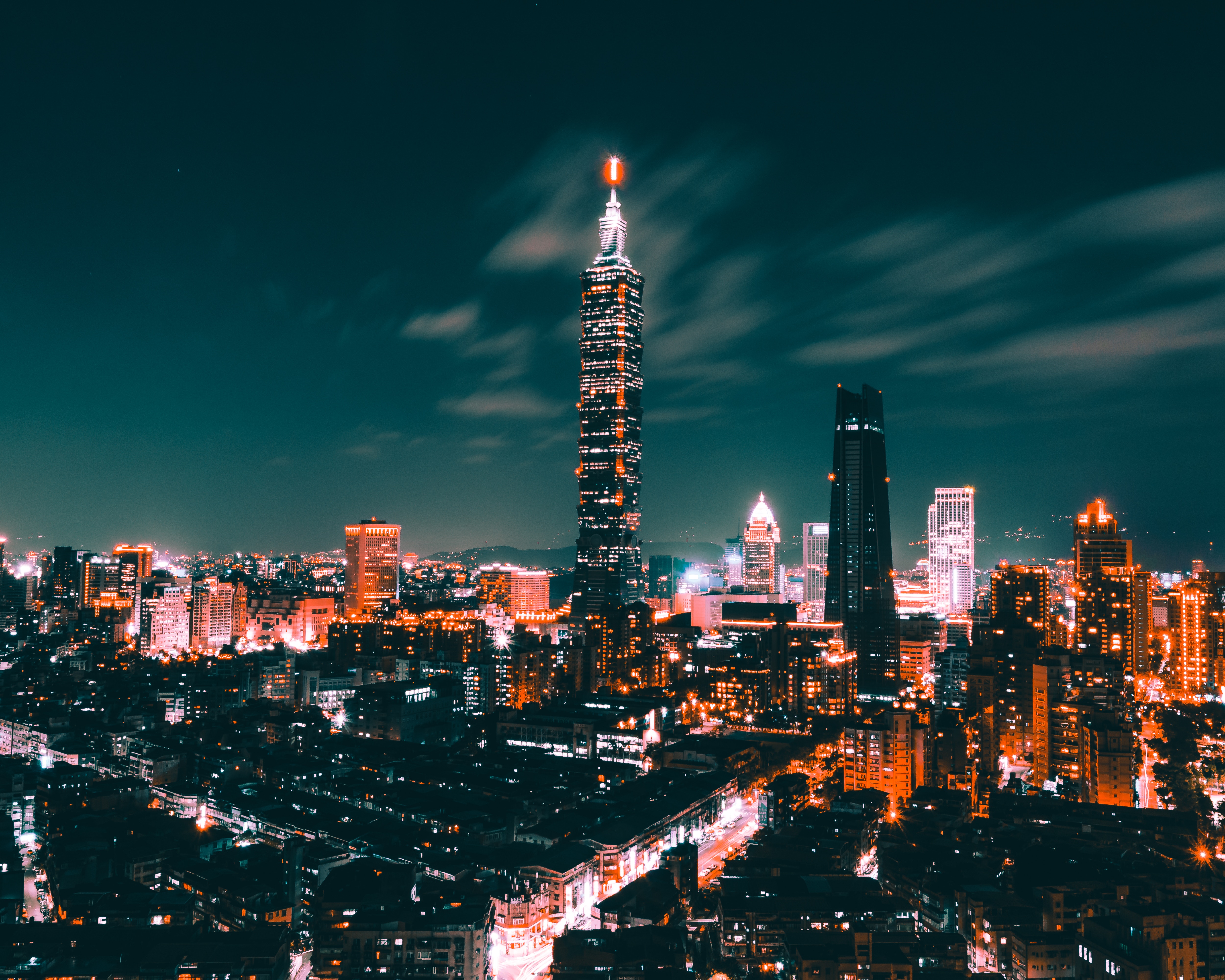 免费下载城市, 摩天大楼, 从上面看, 顶视图, 夜城, 城市的灯光, 城市之光, 中国台湾, 台湾手机壁纸。