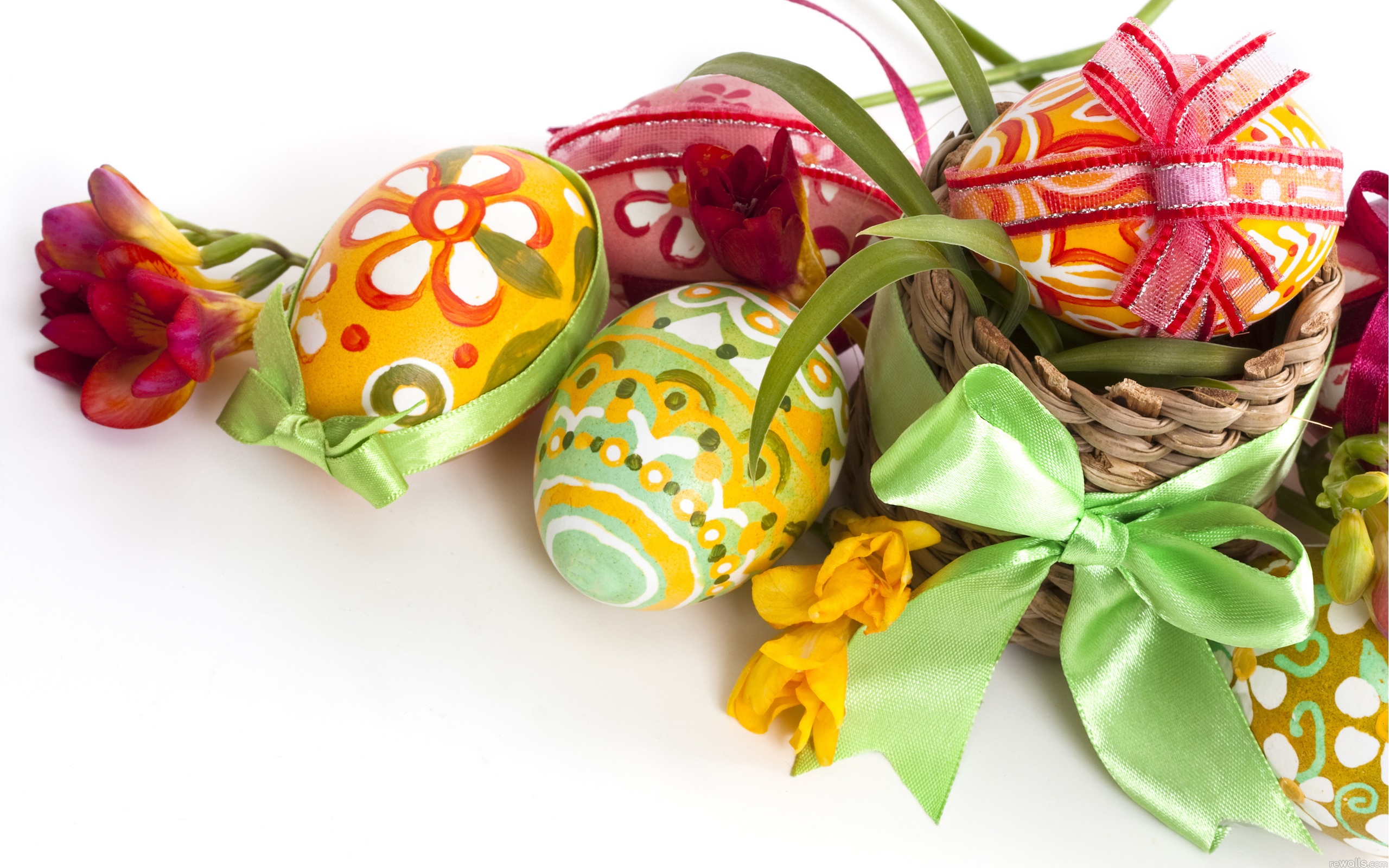 Download mobile wallpaper Easter, Flower, Holiday, Colorful, Basket, Egg, Ribbon, Easter Egg for free.