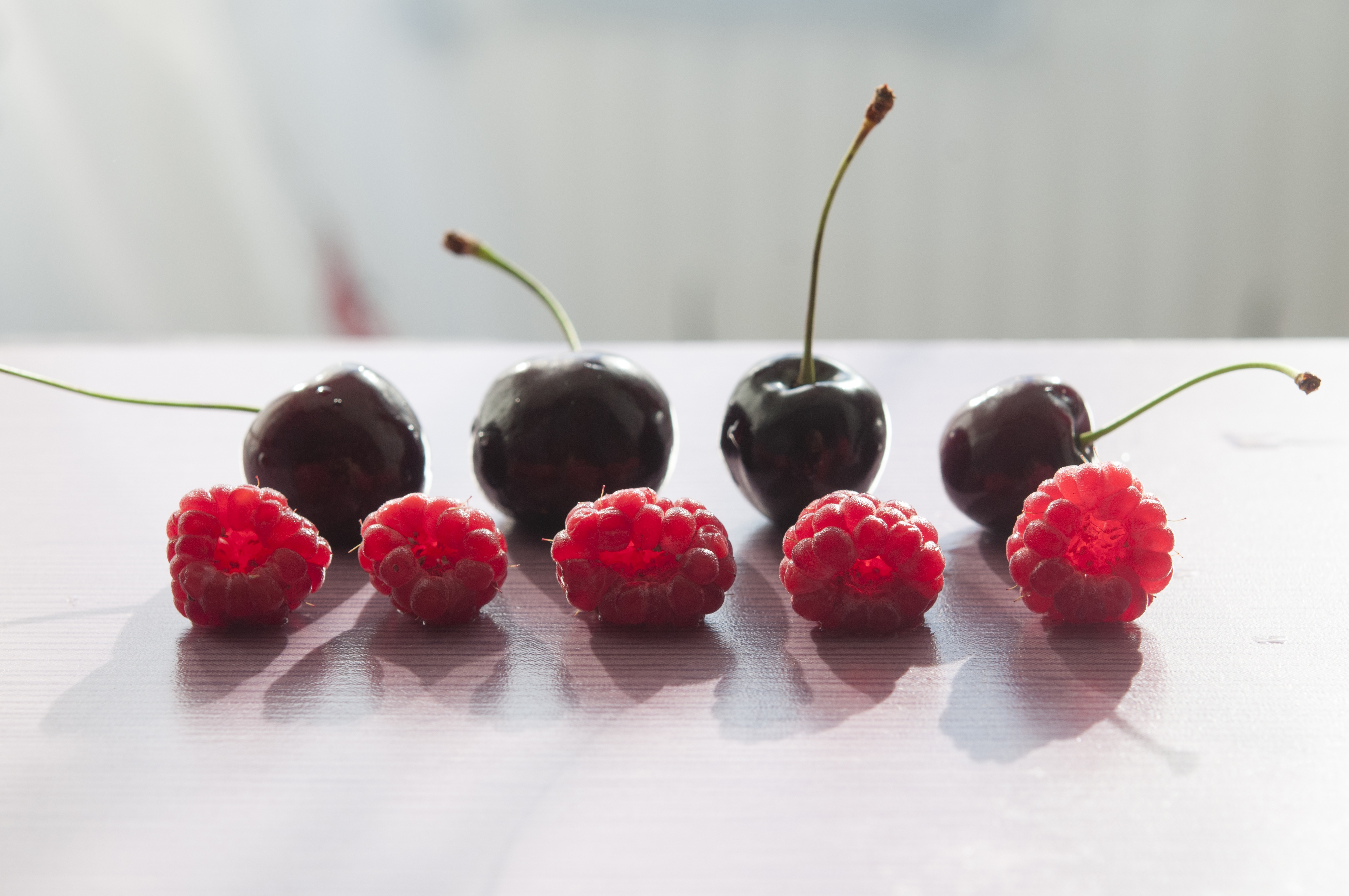 sweet cherry, food, cherry, raspberry, berries, shadow 8K