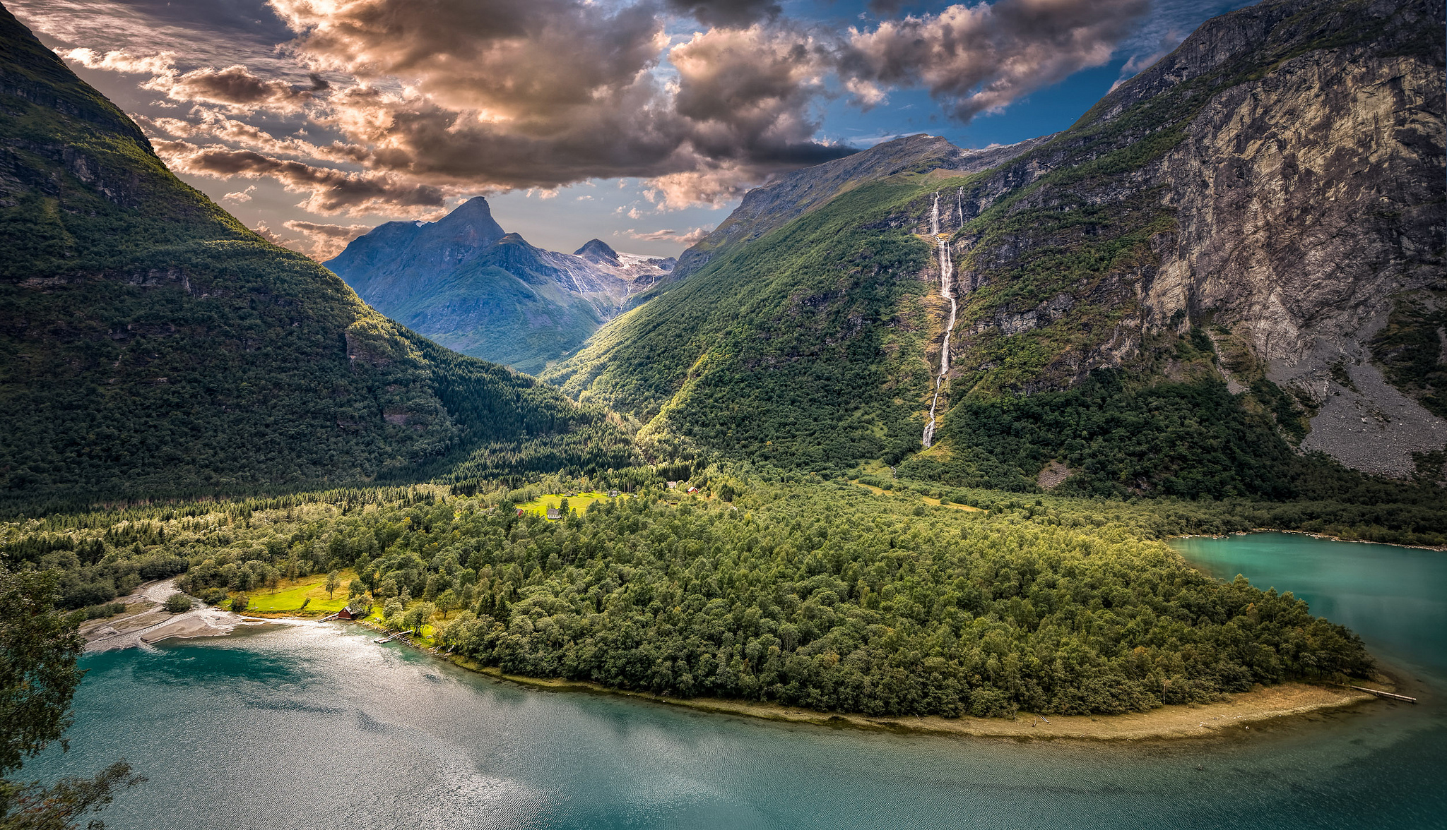 norway, sunshine, forest, earth, fjord, cloud, hdr, landscape, mountain, summer, waterfall