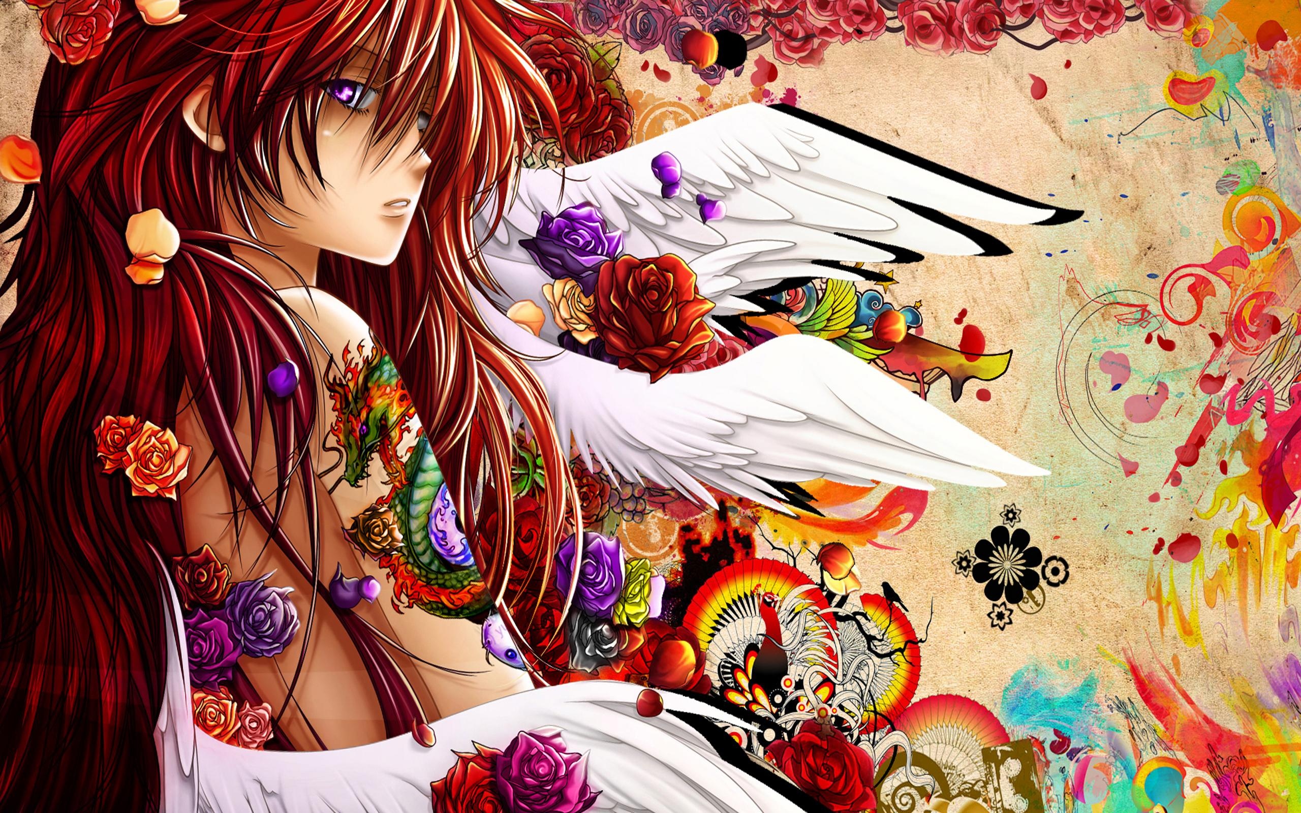 Free download wallpaper Anime, Girl, Tattoo, Colorful, Long Hair, Purple Eyes, Red Hair on your PC desktop