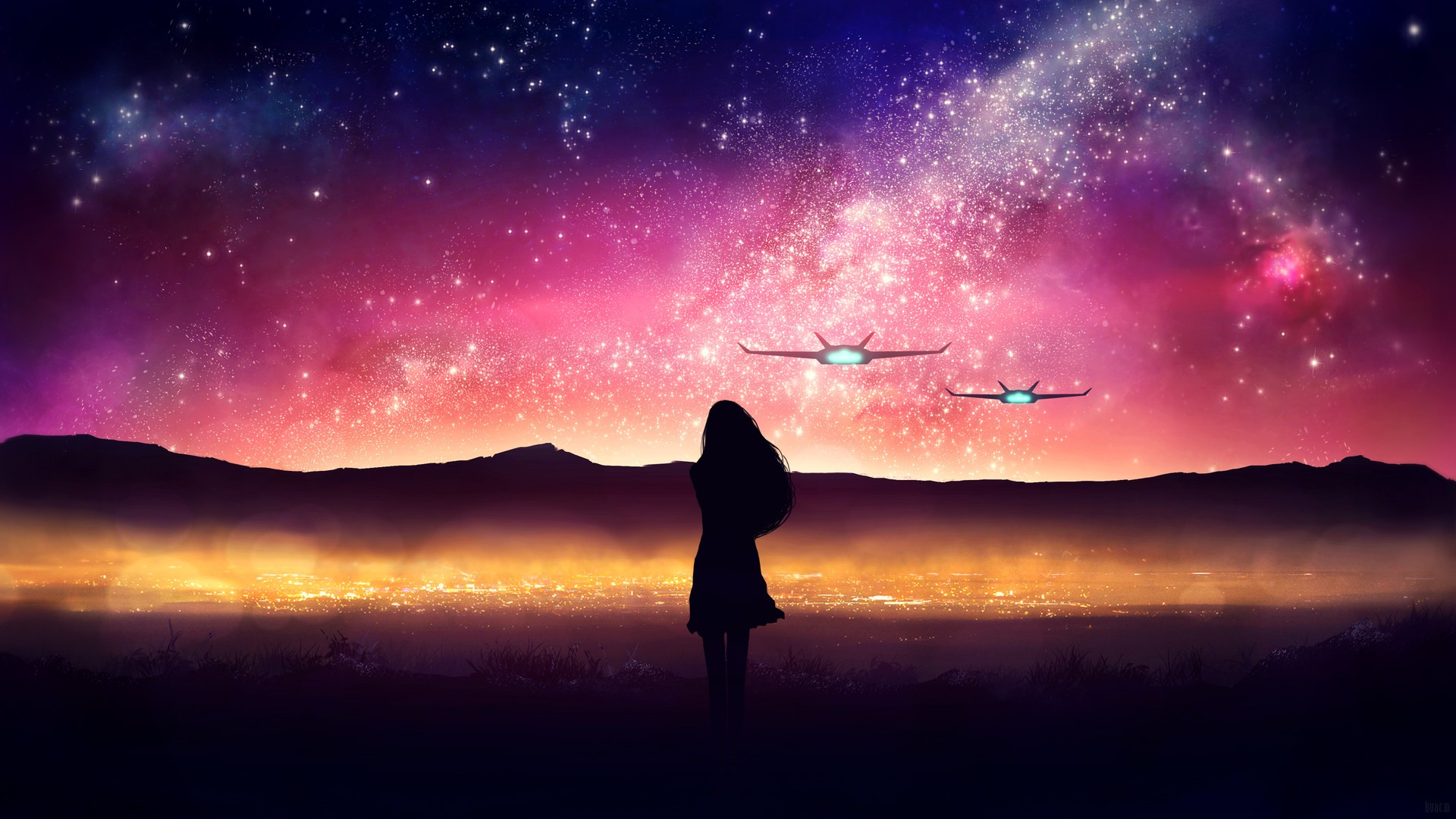 Девушка на фоне ночного неба