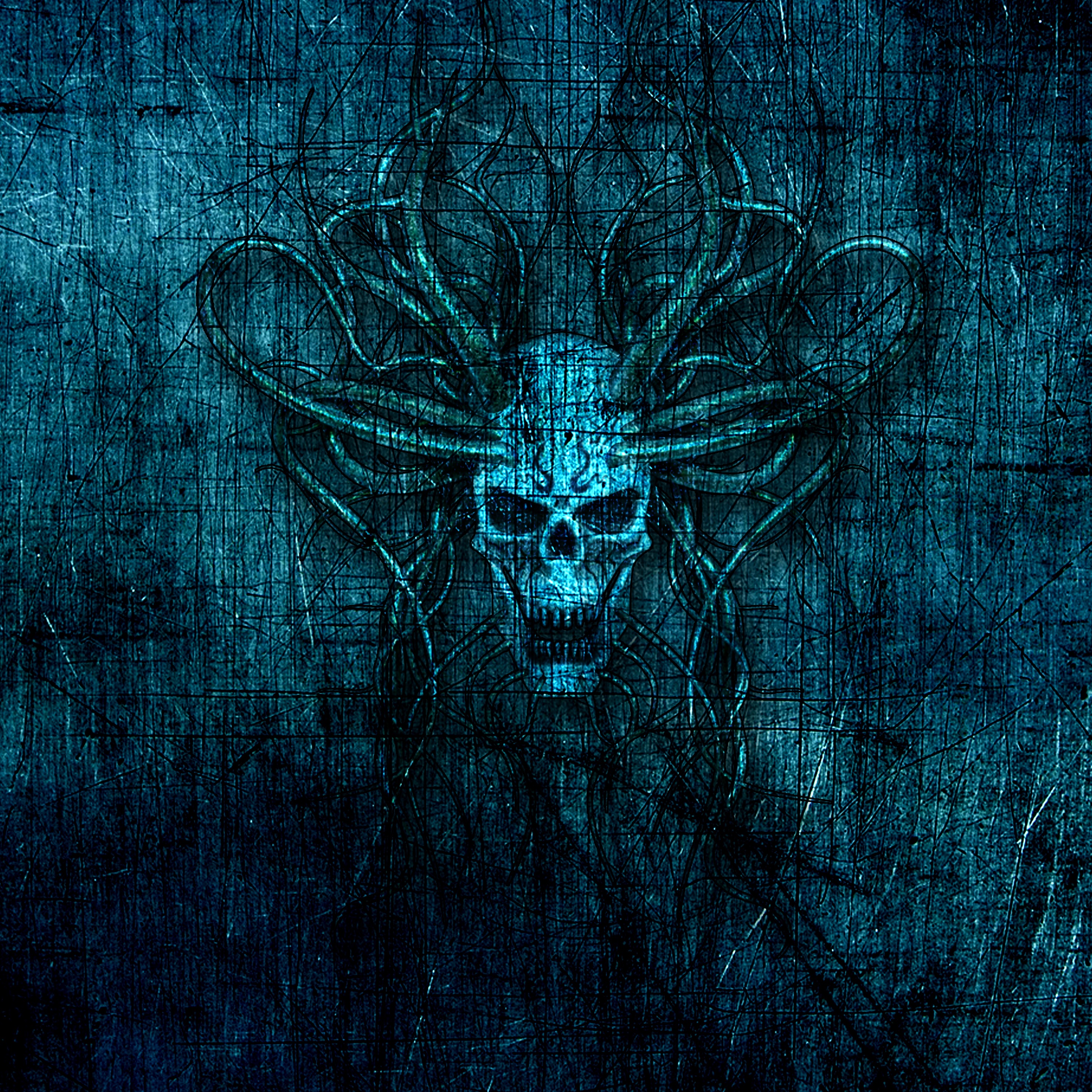 skull, horns, scratches, art 8K