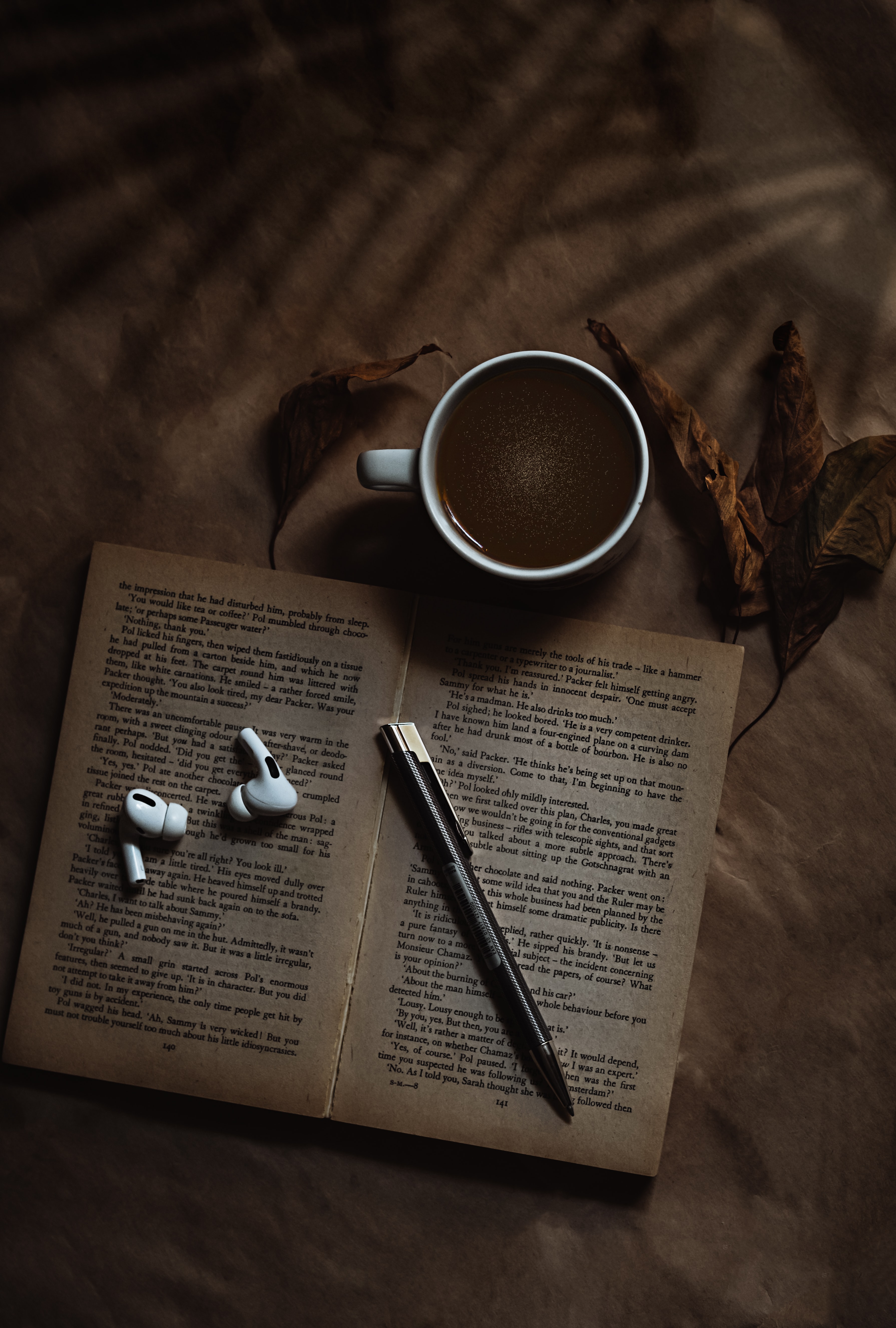 coffee, book, headphones, cup, miscellanea, miscellaneous, text