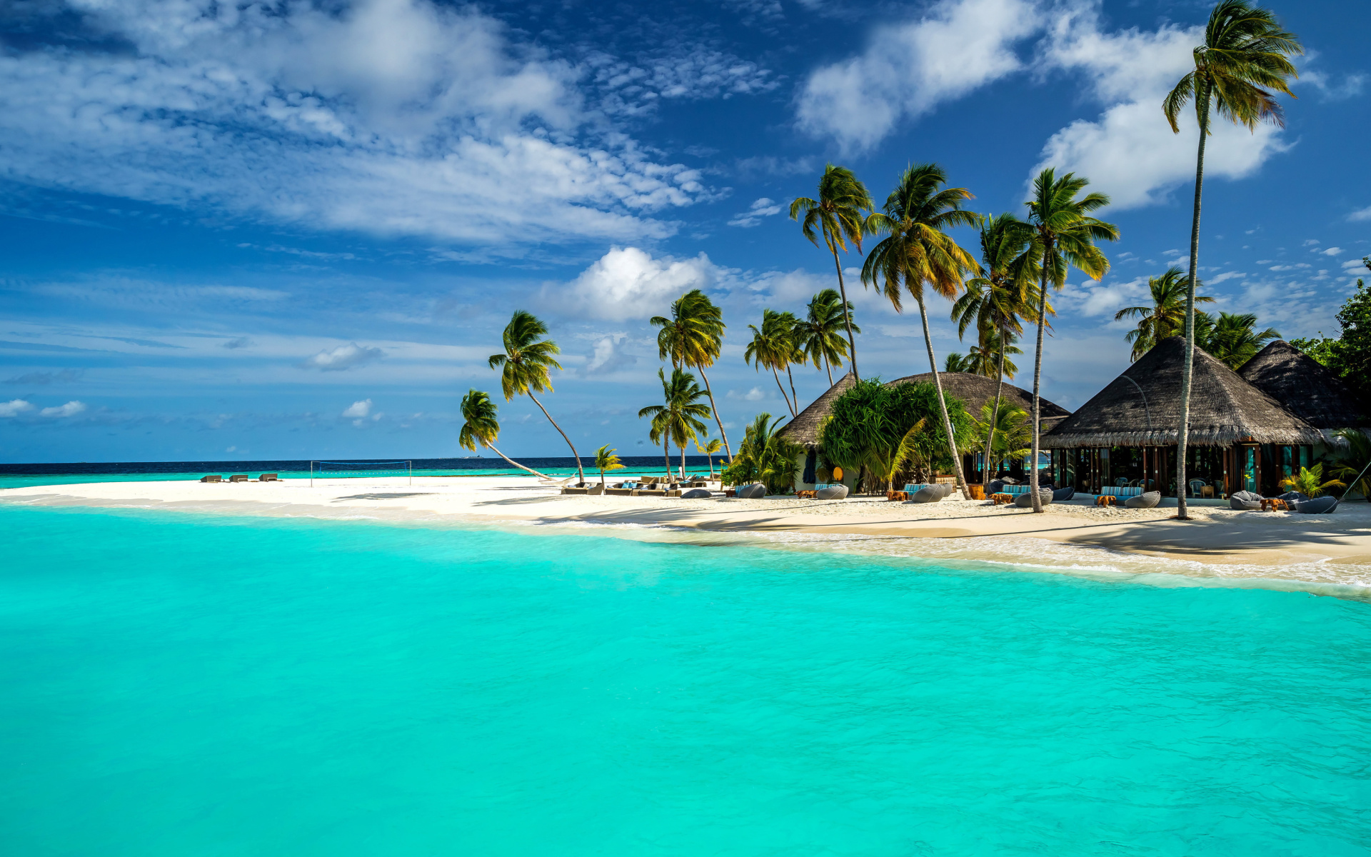 palm tree, maldives, turquoise, photography, holiday, bungalow, cloud, horizon, hut, man made, ocean, sky, tropical