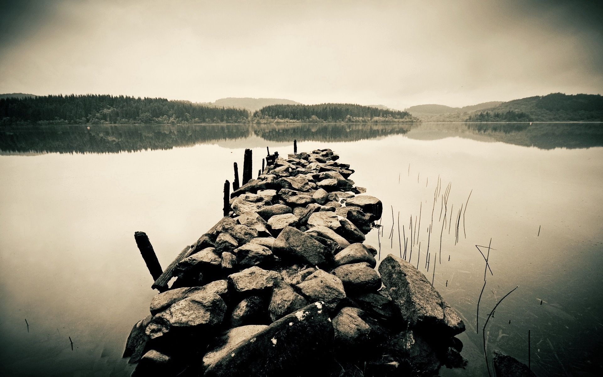 black and white, nature, water, stones, pier, despondency