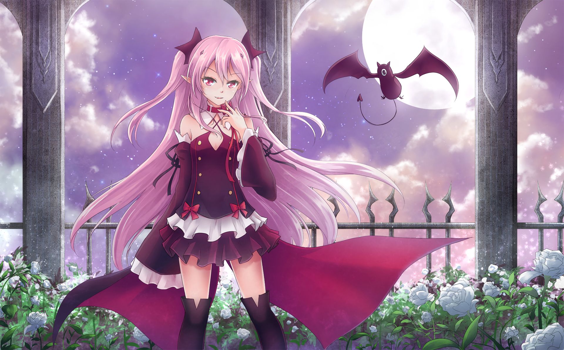 HD wallpaper anime, seraph of the end, collar, dress, fence, flower, krul tepes, long hair, moon, pink eyes, pink hair, pointed ears, smile, thigh boots, twintails, vampire