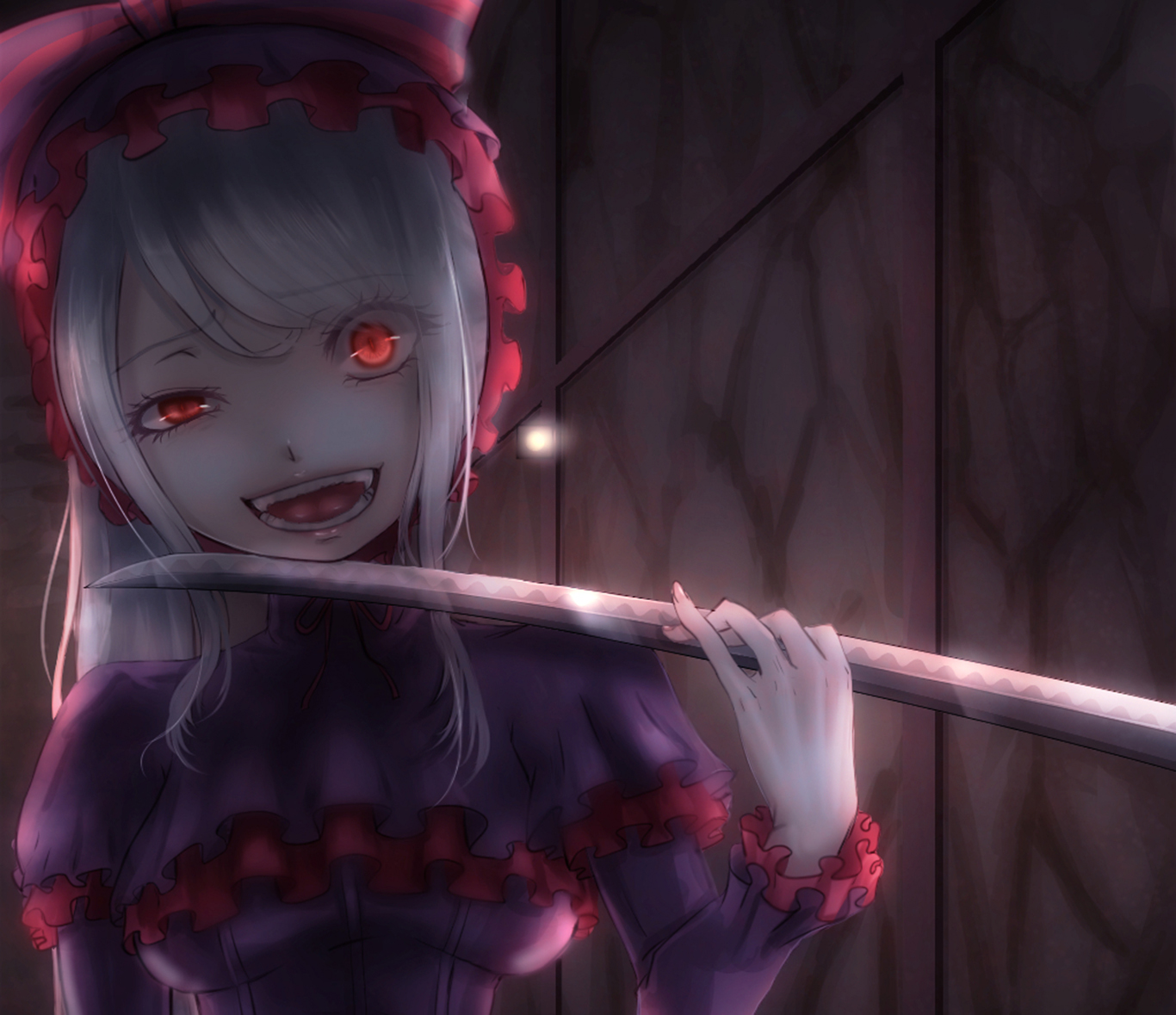overlord, anime, red eyes, shalltear bloodfallen, smile, sword, teeth, weapon, white hair High Definition image