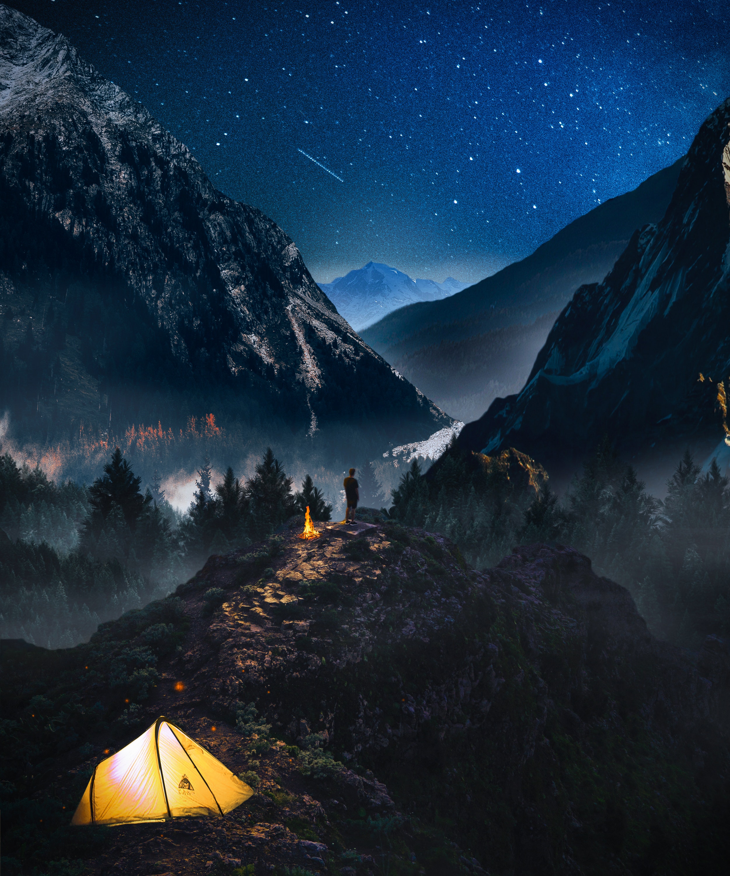 photoshop, starry sky, camping, campsite, loneliness, mountains, nature
