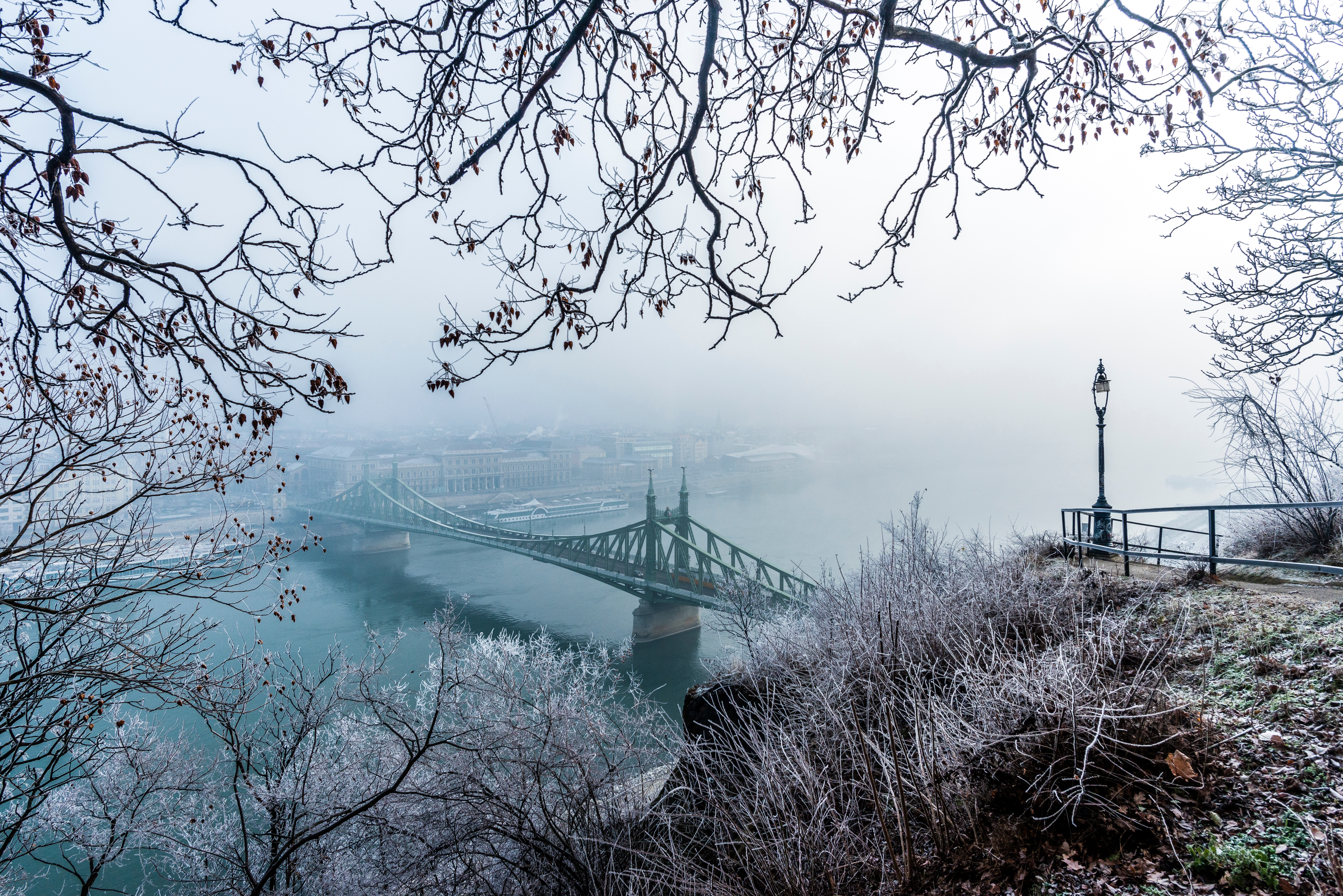 budapest, frost, cities, winter, snow, view from above, fog, branches, bridge, hoarfrost, hungary Full HD