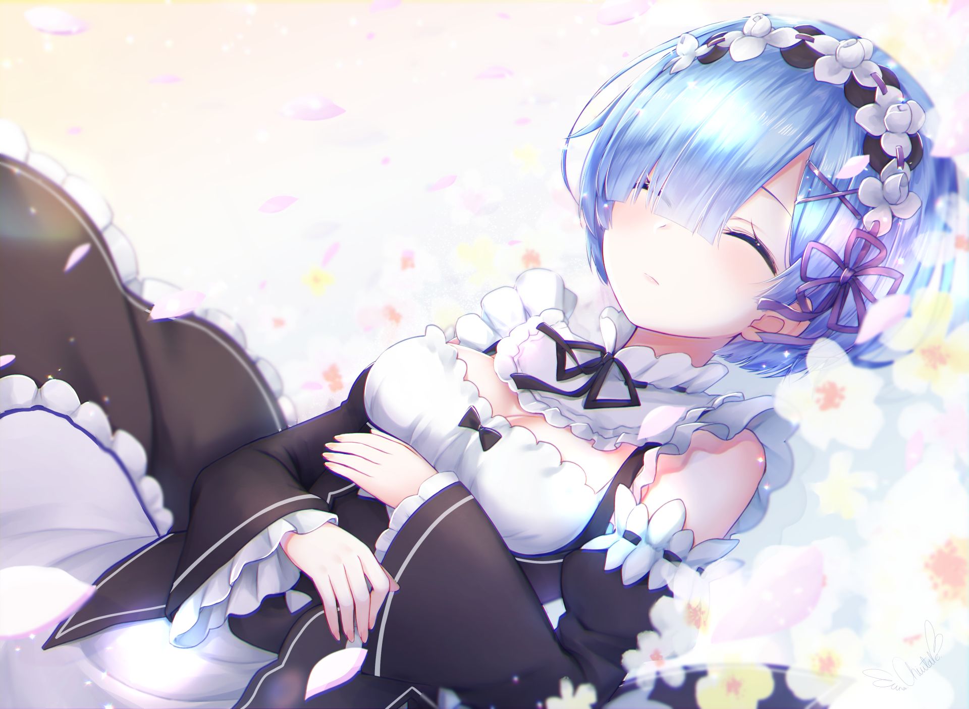 Rem a blue haired maid from the anime re:zero