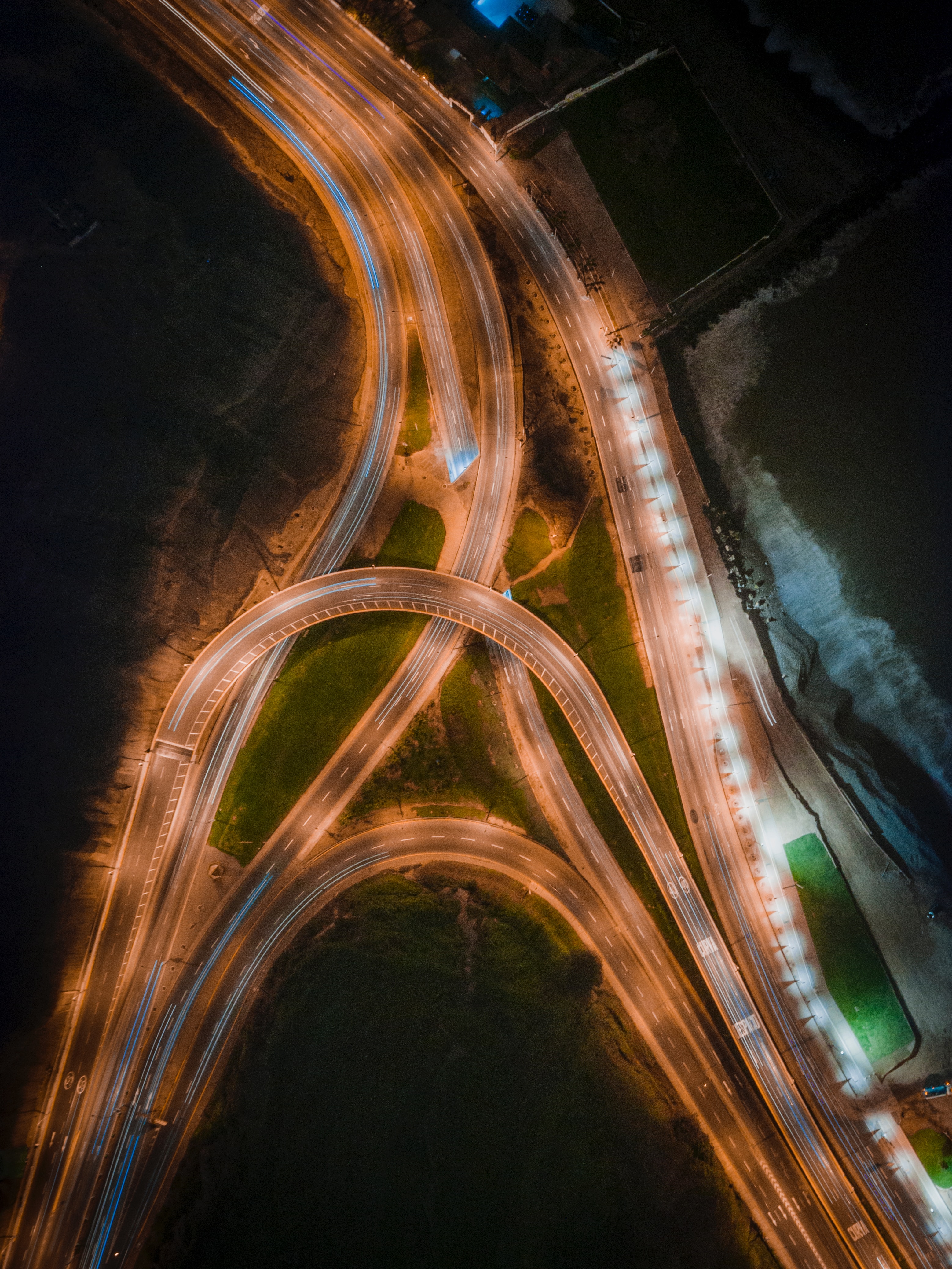 backlight, intricate, view from above, dark, road, illumination, confused, road junction HD wallpaper